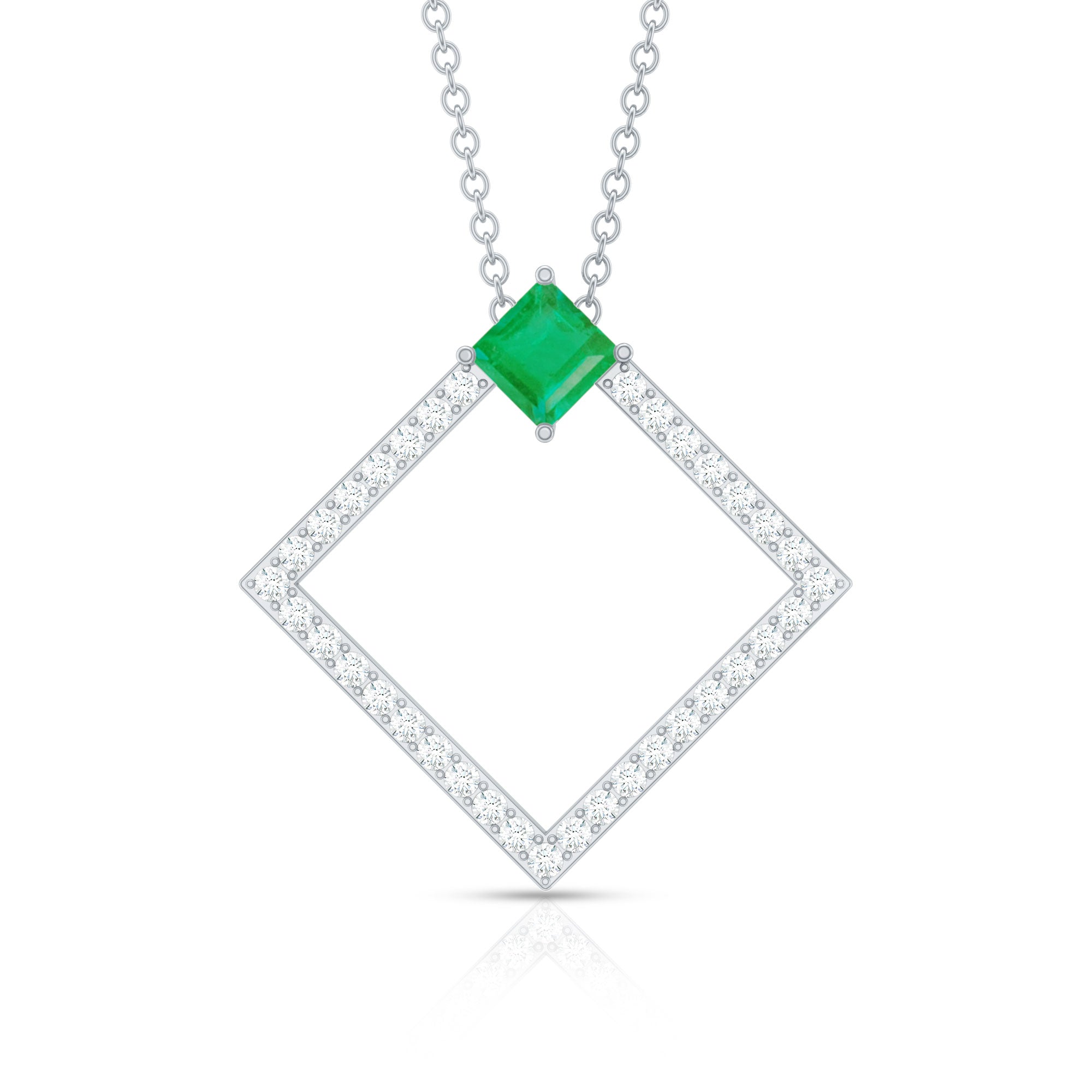 Princess Cut Emerald and Diamond Square Necklace AAA - Rosec Jewels