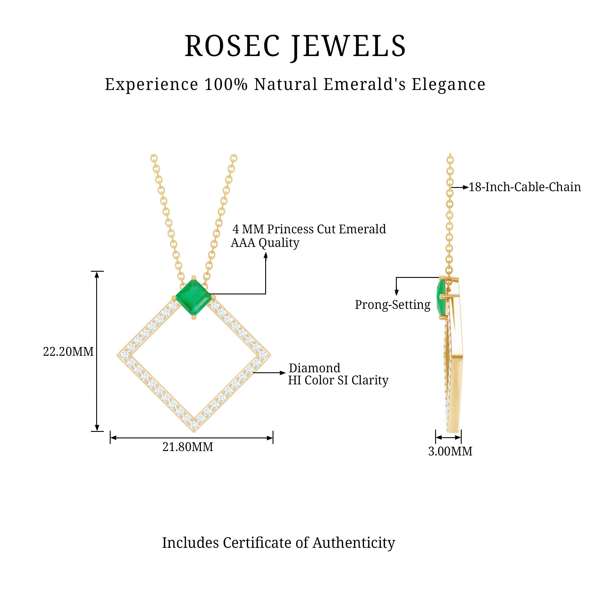Princess Cut Emerald and Diamond Square Necklace AAA - Rosec Jewels