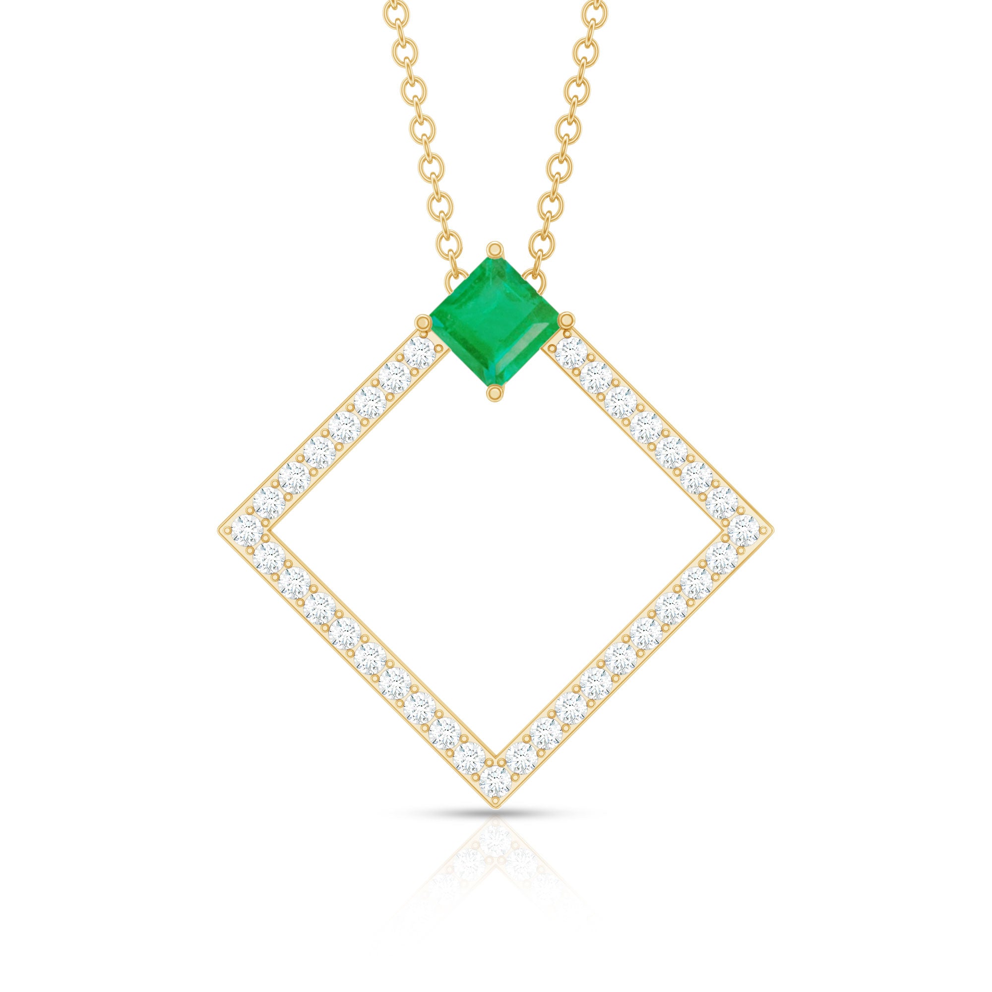 Princess Cut Emerald and Diamond Square Necklace AAA - Rosec Jewels
