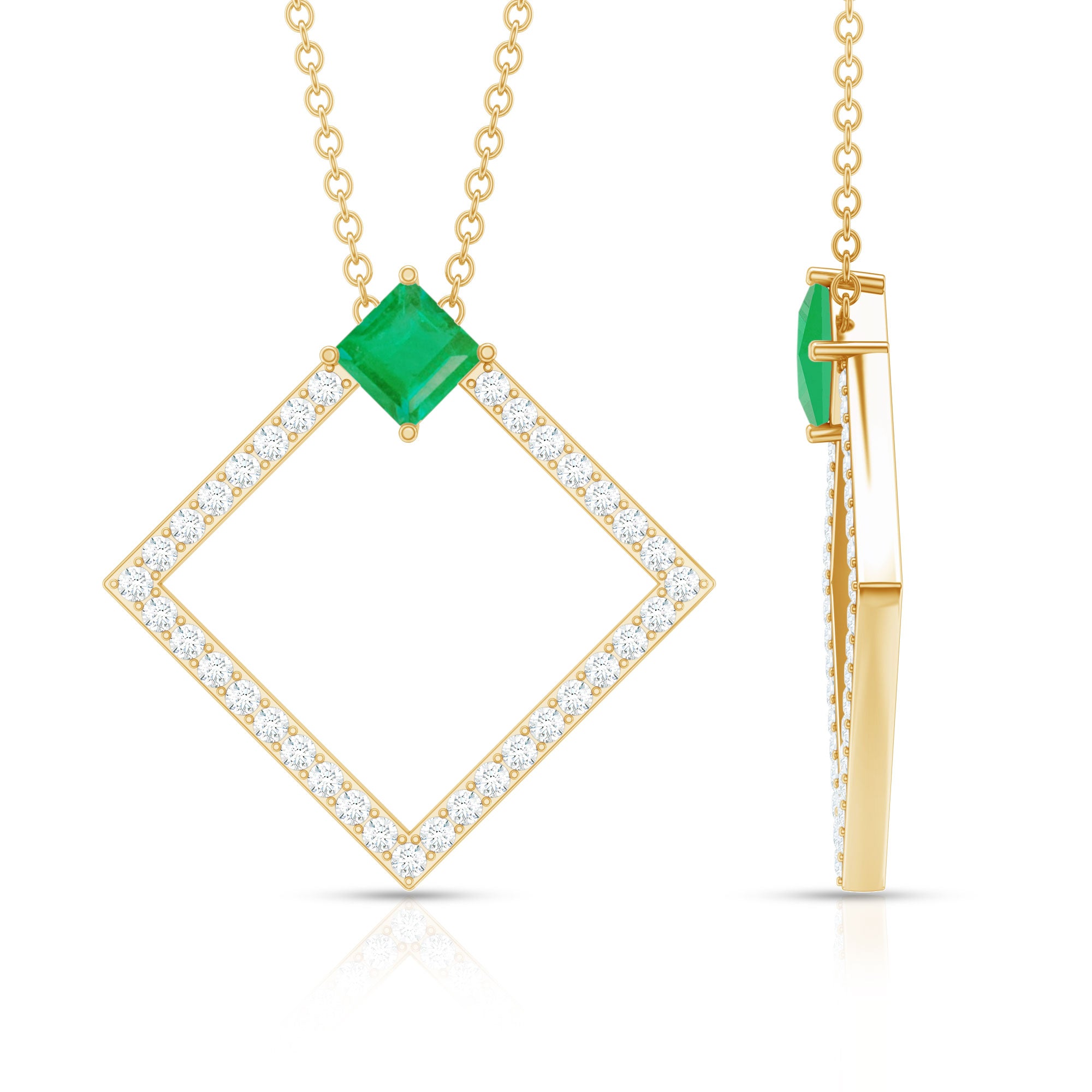 Princess Cut Emerald and Diamond Square Necklace AAA - Rosec Jewels