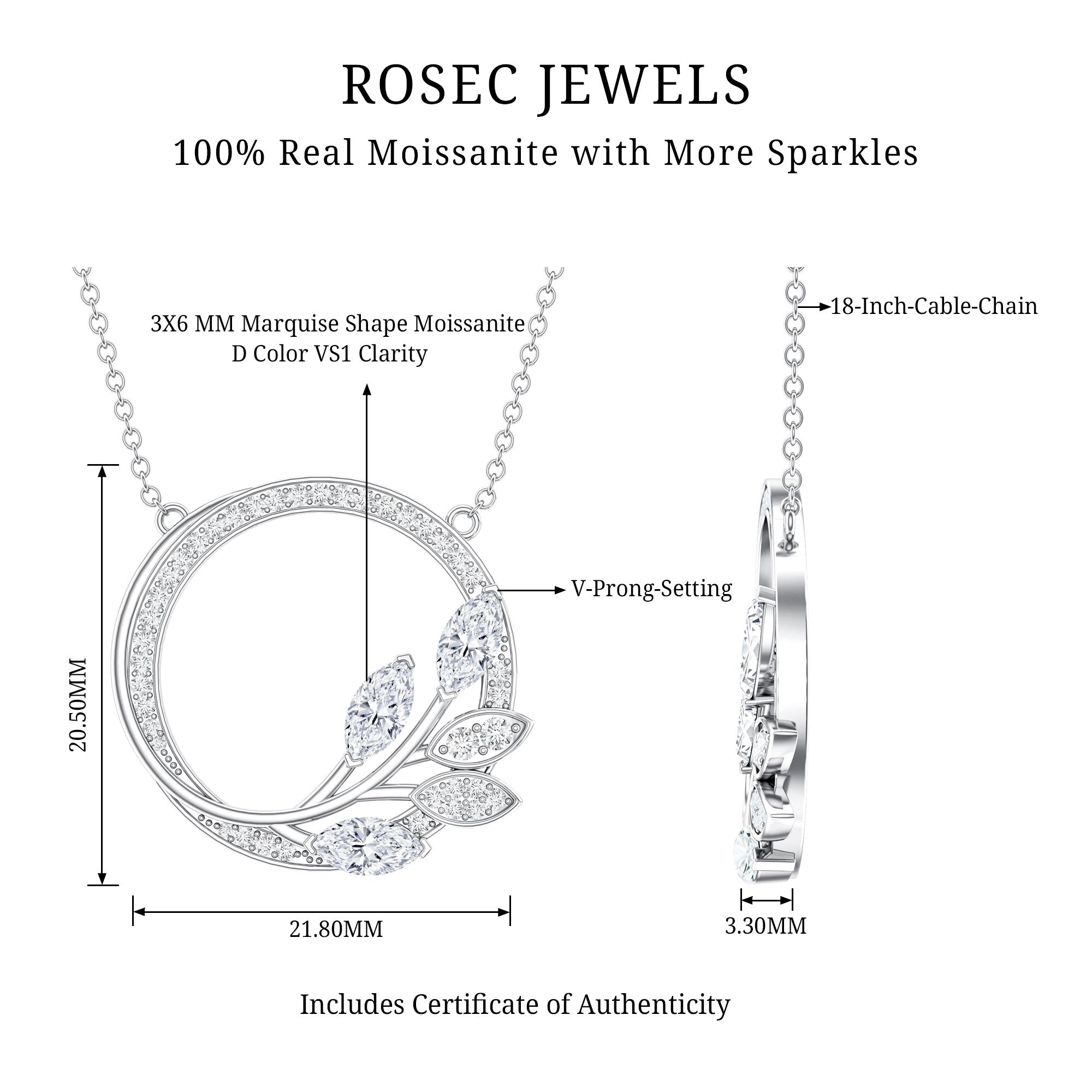 Marquise and Round Cut Moissanite Leaf Eternity Necklace D-VS1 - Rosec Jewels