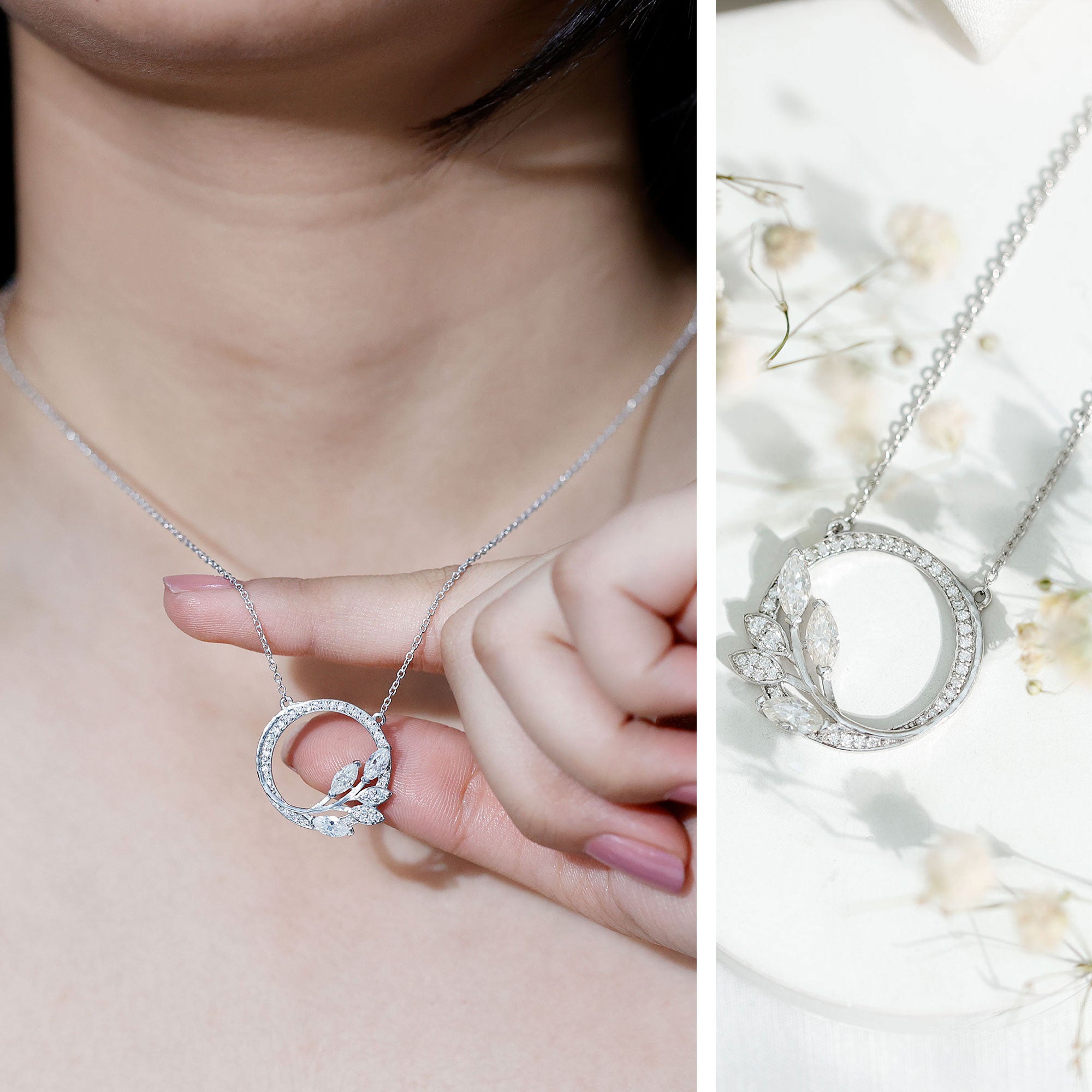 Marquise and Round Cut Moissanite Leaf Eternity Necklace D-VS1 - Rosec Jewels