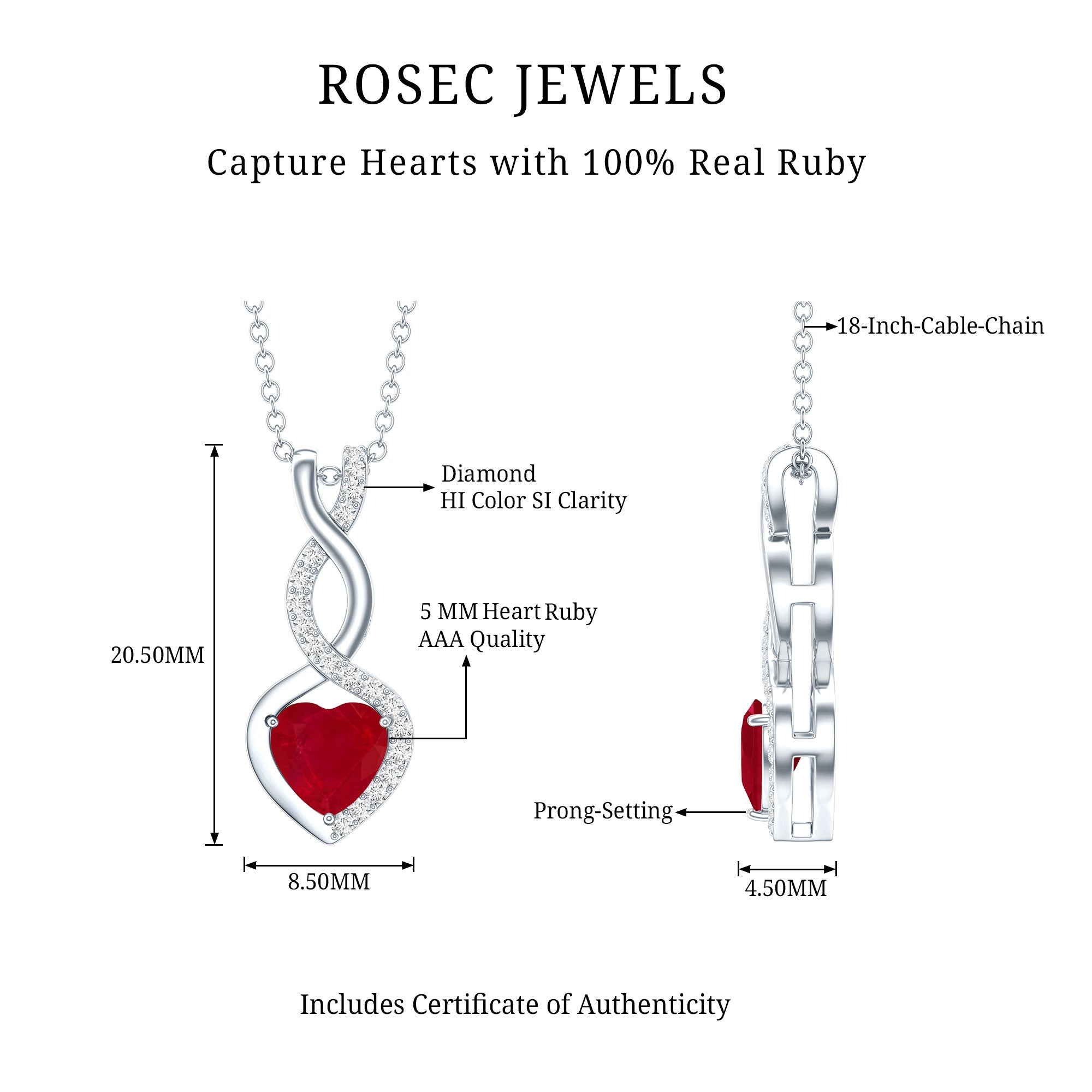 Natural Ruby Diamond Infinity Heart Necklace AAA - Rosec Jewels