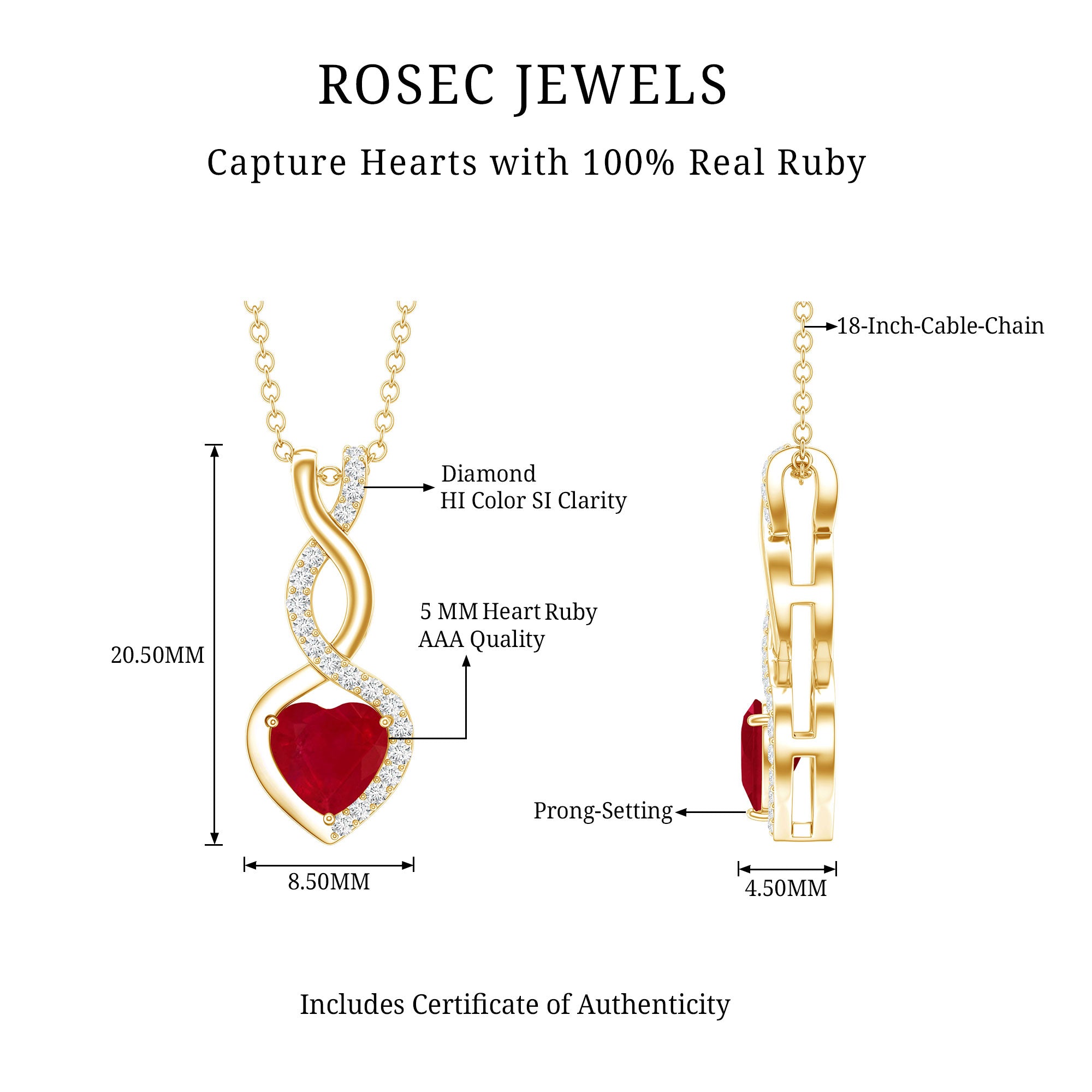 Natural Ruby Diamond Infinity Heart Necklace AAA - Rosec Jewels