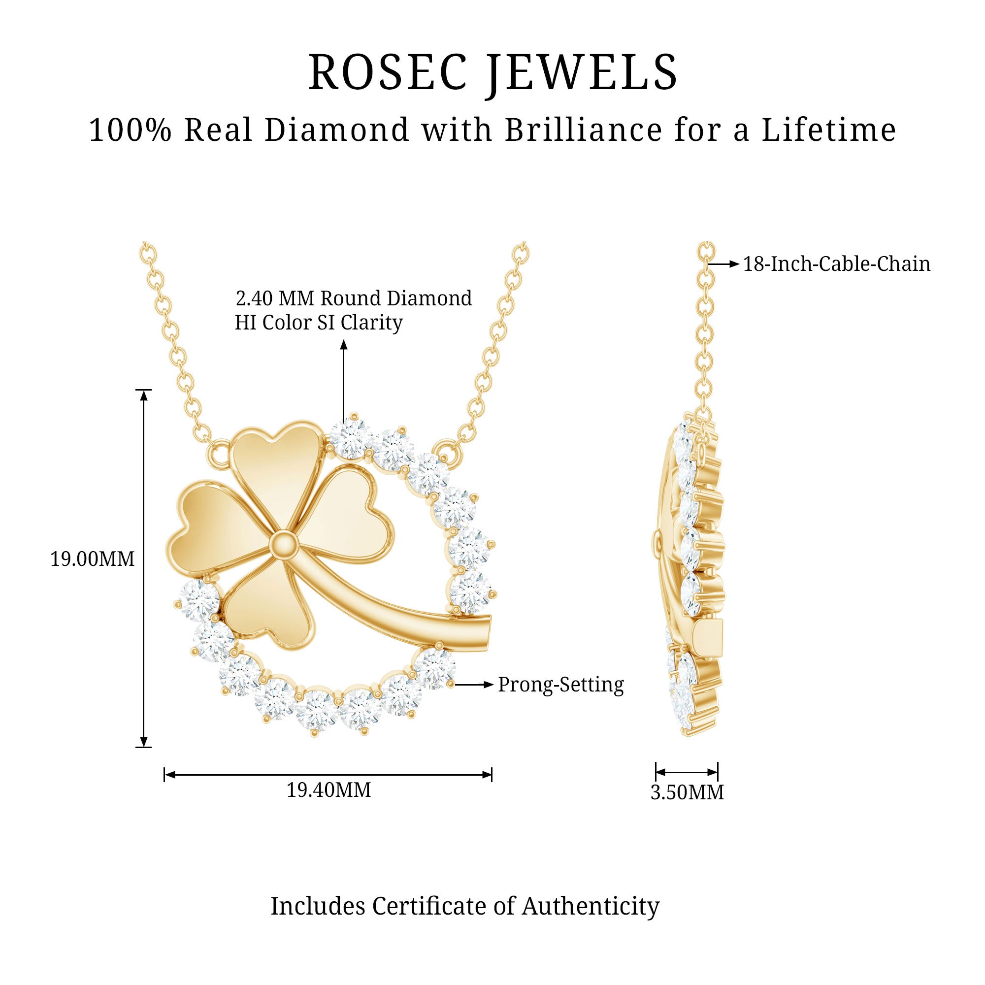 Certified Diamond Lucky 4 Leaf Necklace Natural - ( HI-SI ) - Rosec Jewels