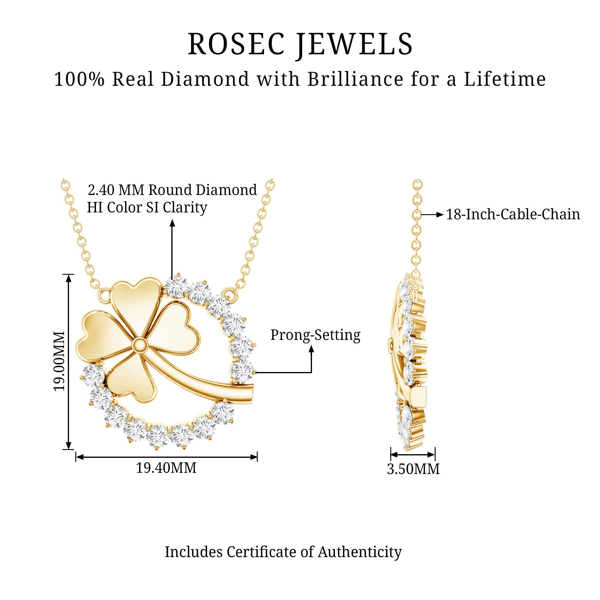 Certified Diamond Lucky 4 Leaf Necklace Natural - ( HI-SI ) - Rosec Jewels