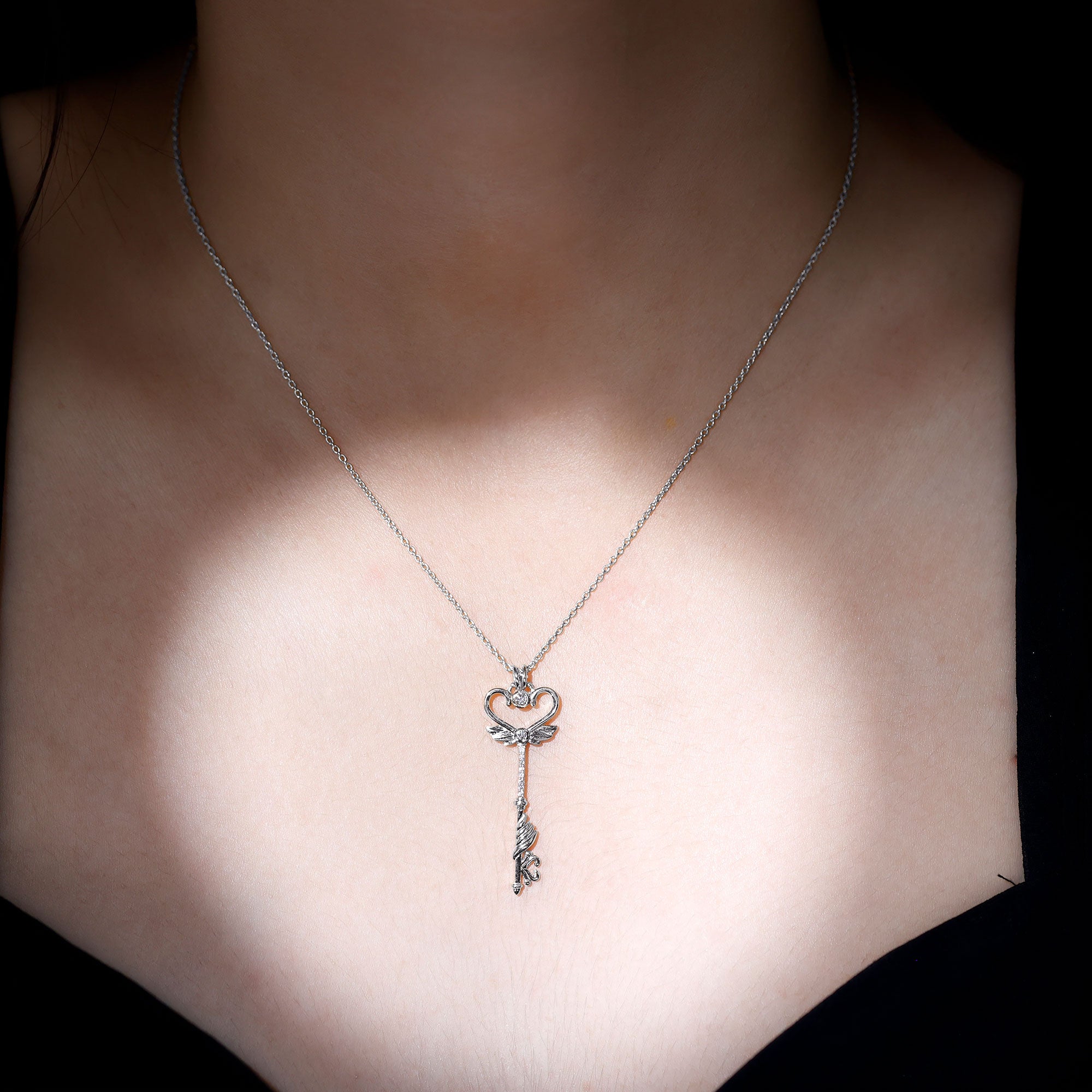 Diamond Key Necklace with Angel Wings Natural - ( HI-SI ) - Rosec Jewels
