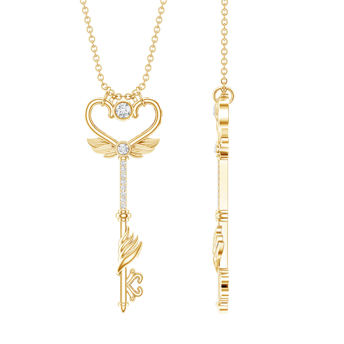 Diamond Key Necklace with Angel Wings Natural - ( HI-SI ) - Rosec Jewels