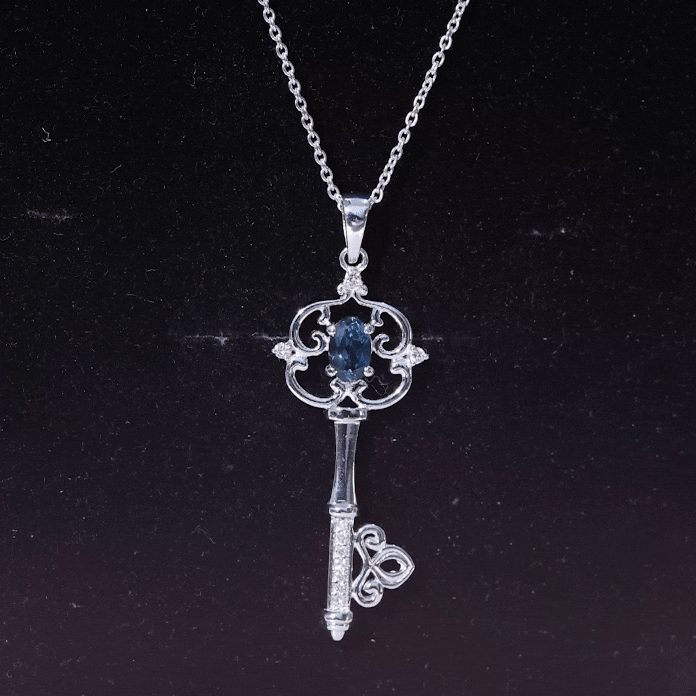 London Blue Topaz and Diamond Vintage Key Necklace AAA - Rosec Jewels