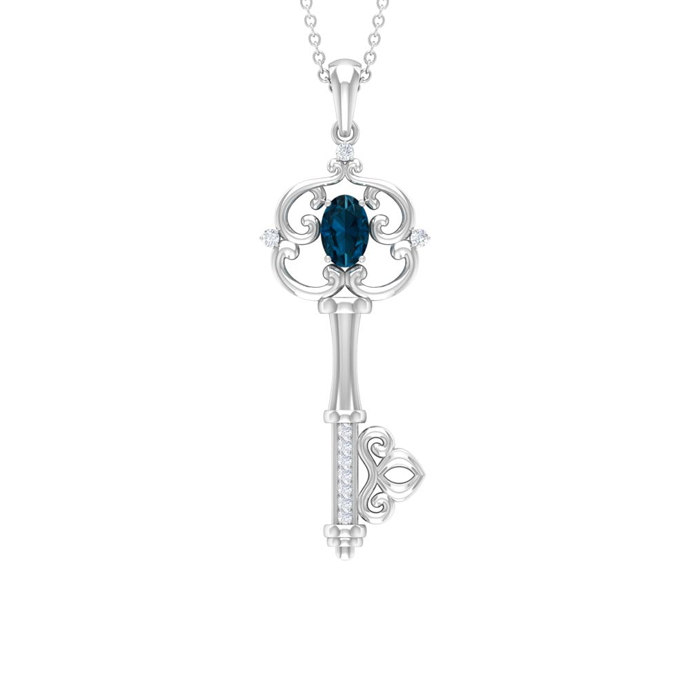 London Blue Topaz and Diamond Vintage Key Necklace AAA - Rosec Jewels