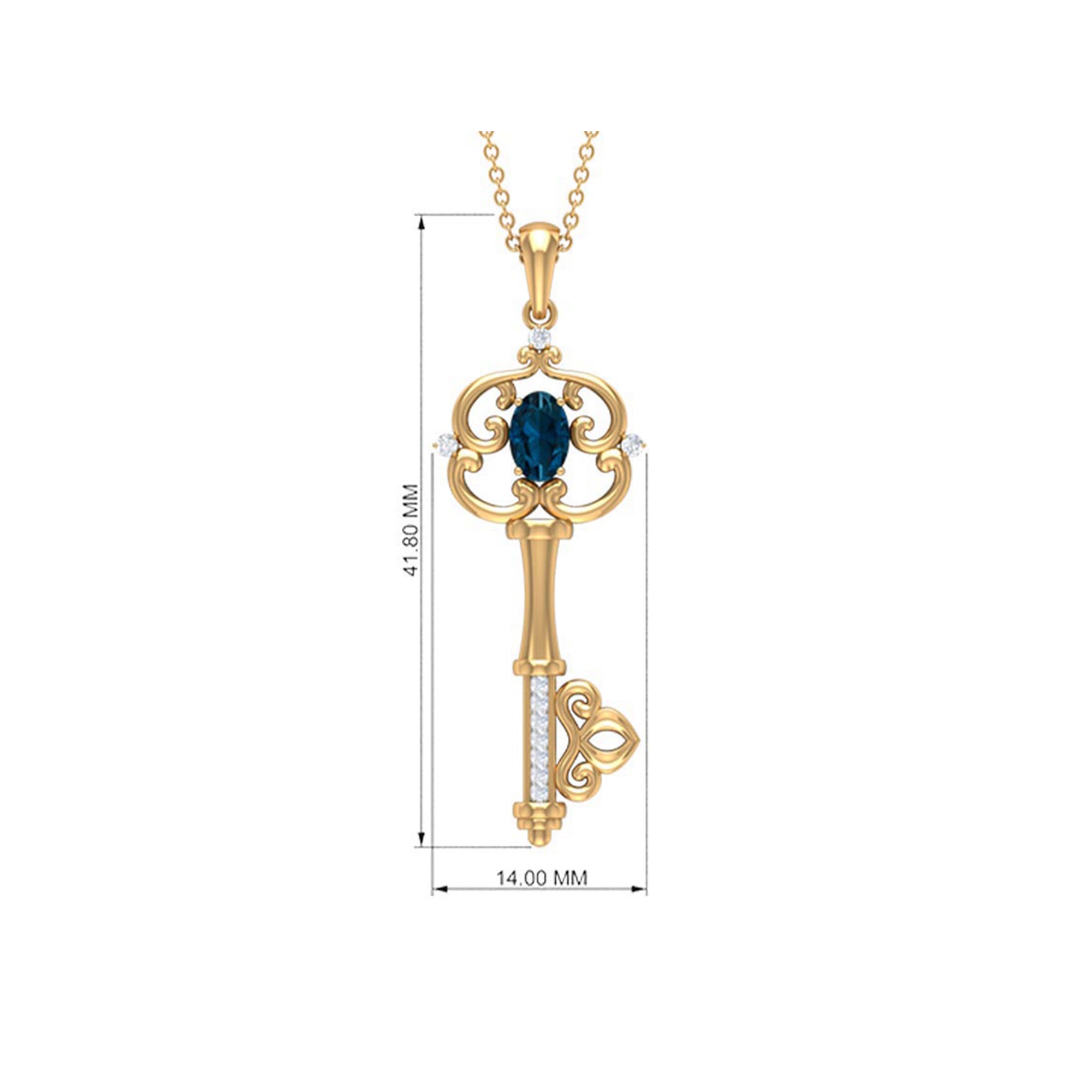 London Blue Topaz and Diamond Vintage Key Necklace AAA - Rosec Jewels