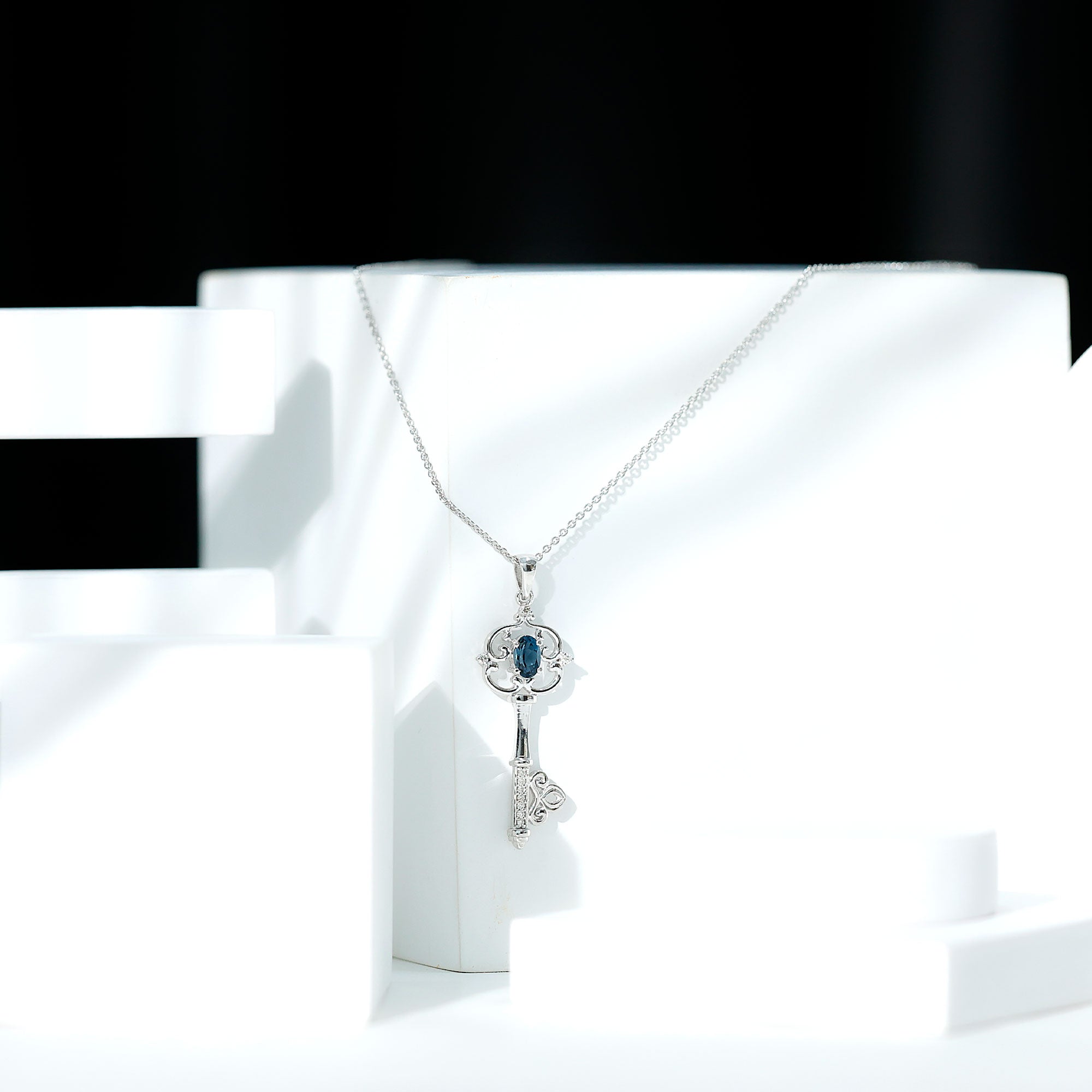London Blue Topaz and Diamond Vintage Key Necklace AAA - Rosec Jewels