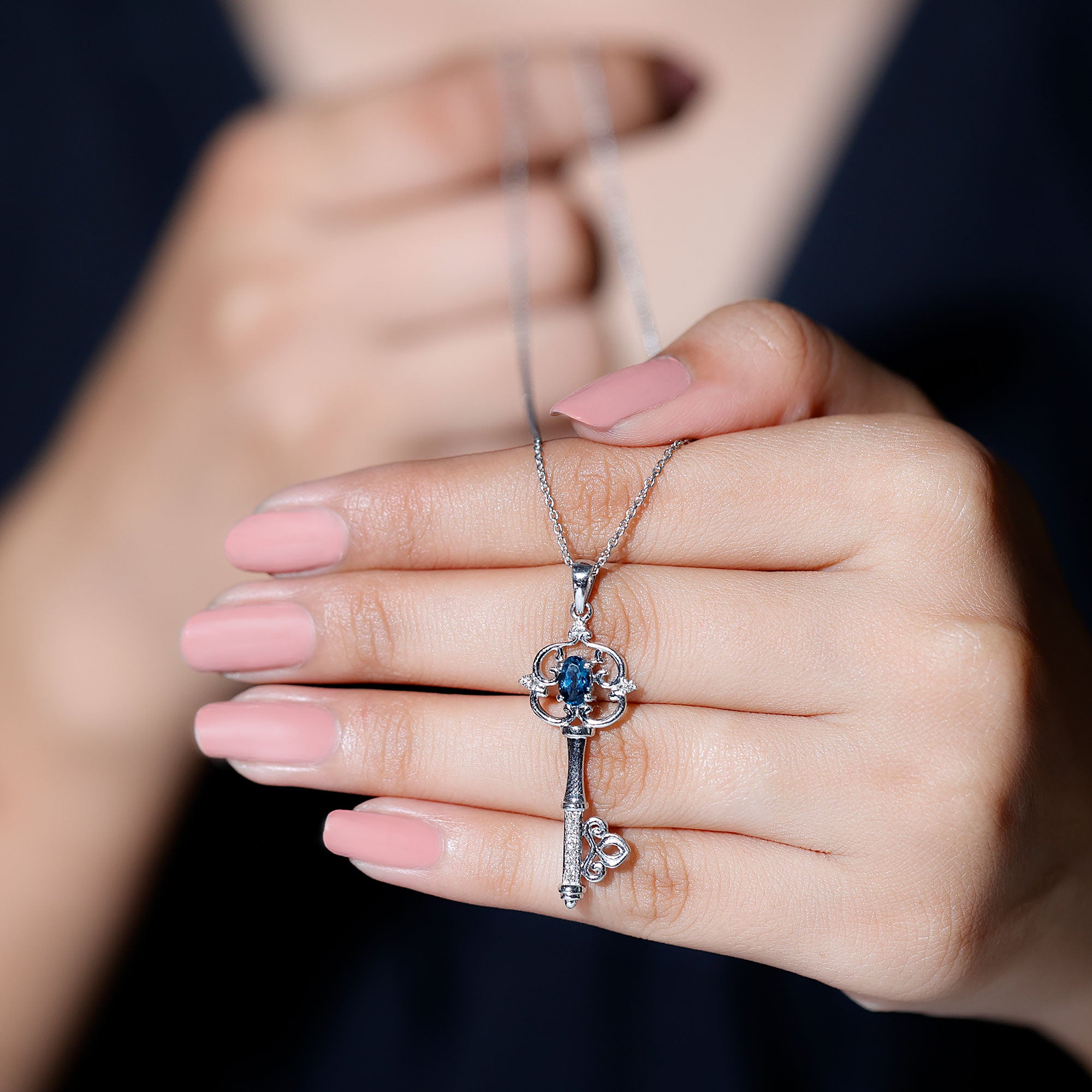 London Blue Topaz and Diamond Vintage Key Necklace AAA - Rosec Jewels