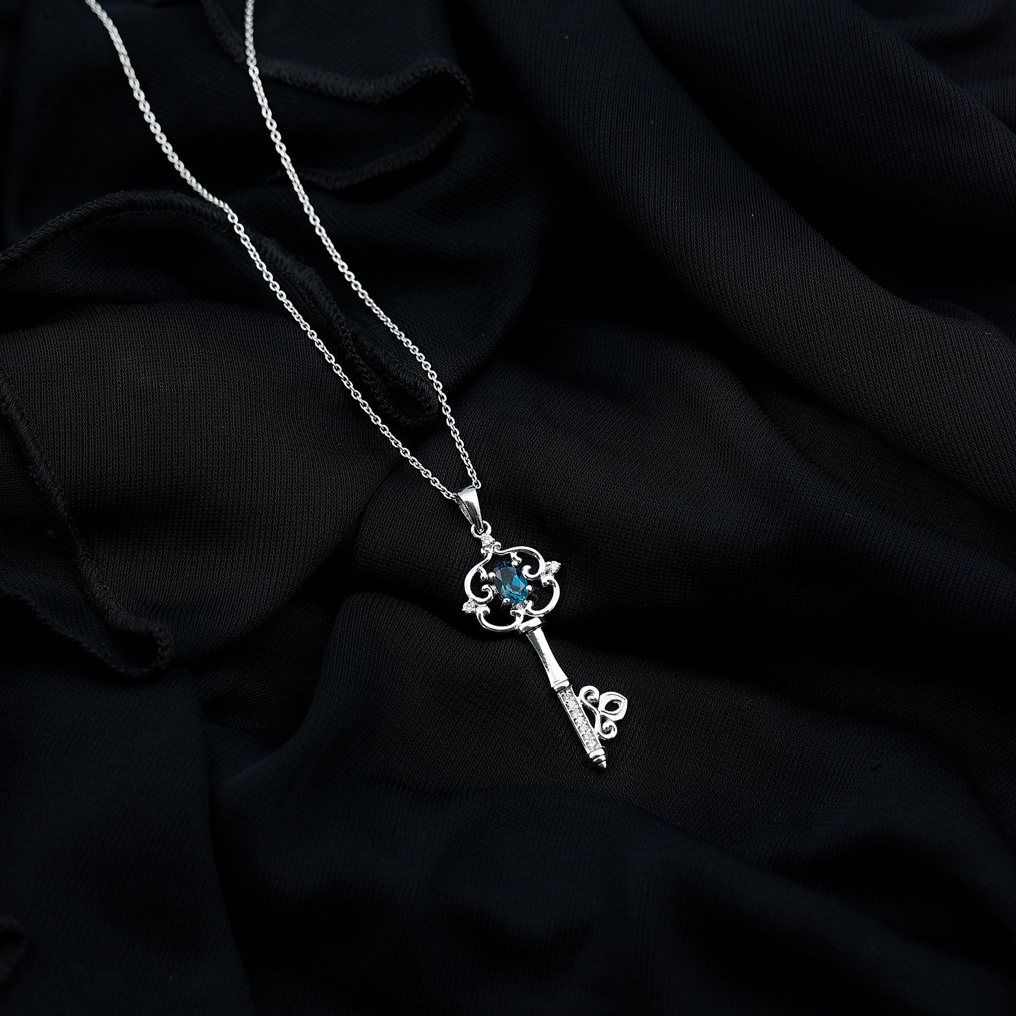 London Blue Topaz and Diamond Vintage Key Necklace AAA - Rosec Jewels