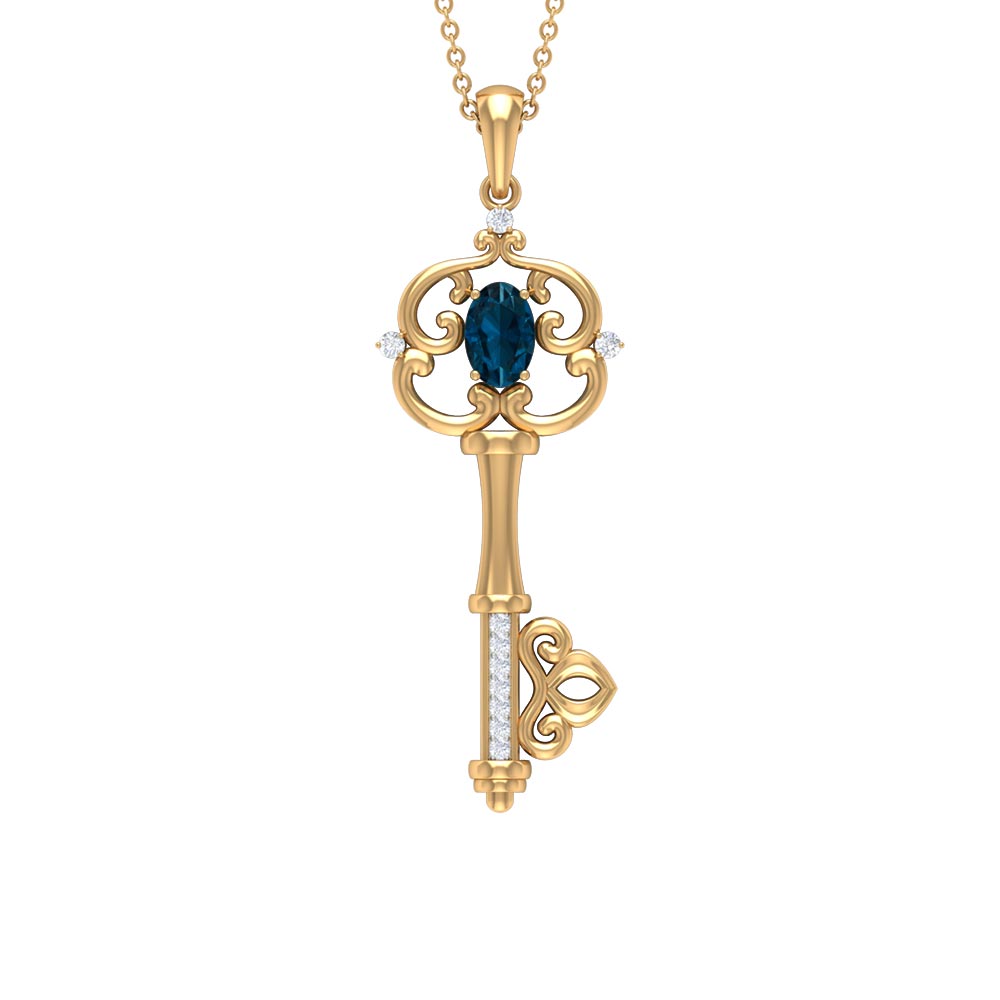 London Blue Topaz and Diamond Vintage Key Necklace AAA - Rosec Jewels