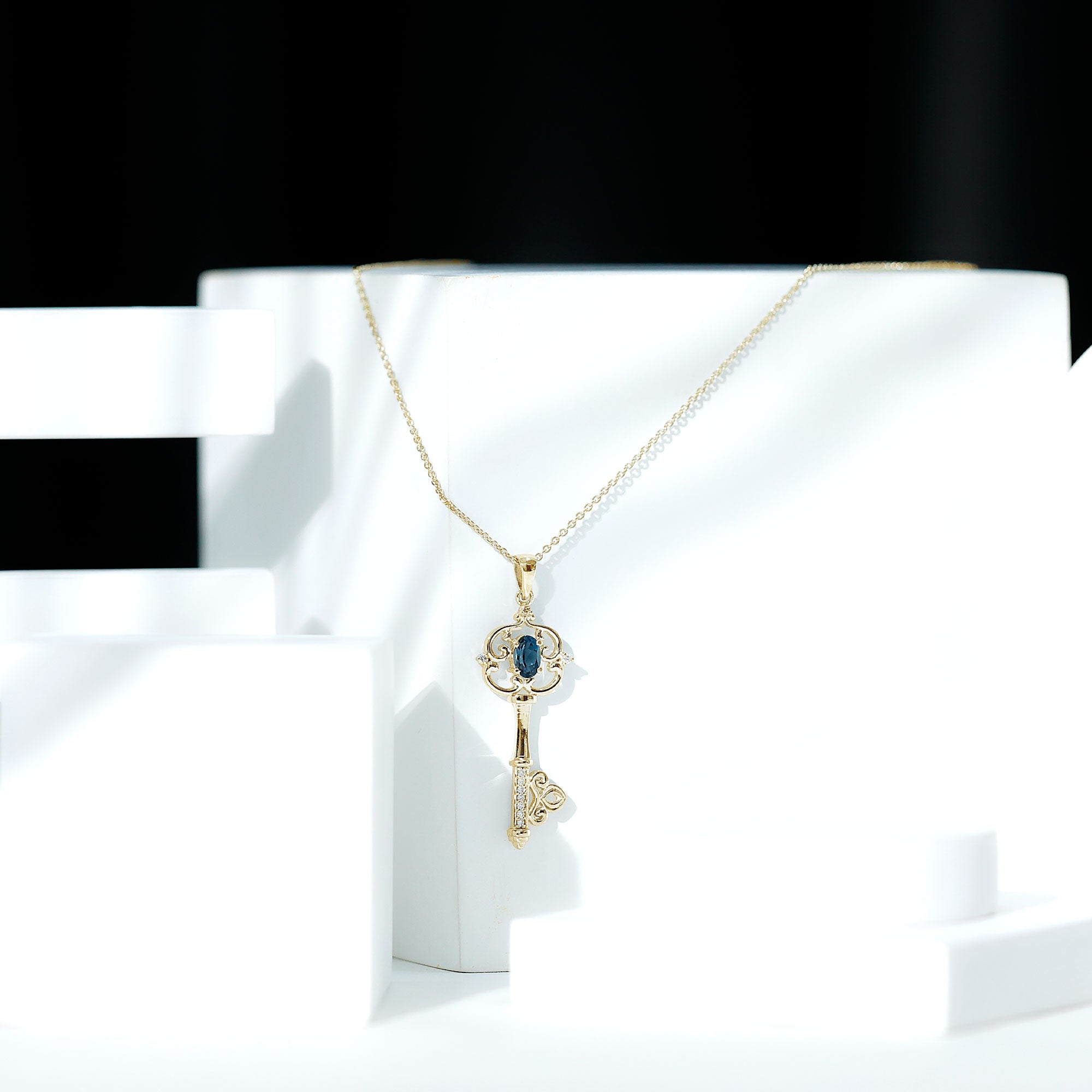 London Blue Topaz and Diamond Vintage Key Necklace AAA - Rosec Jewels