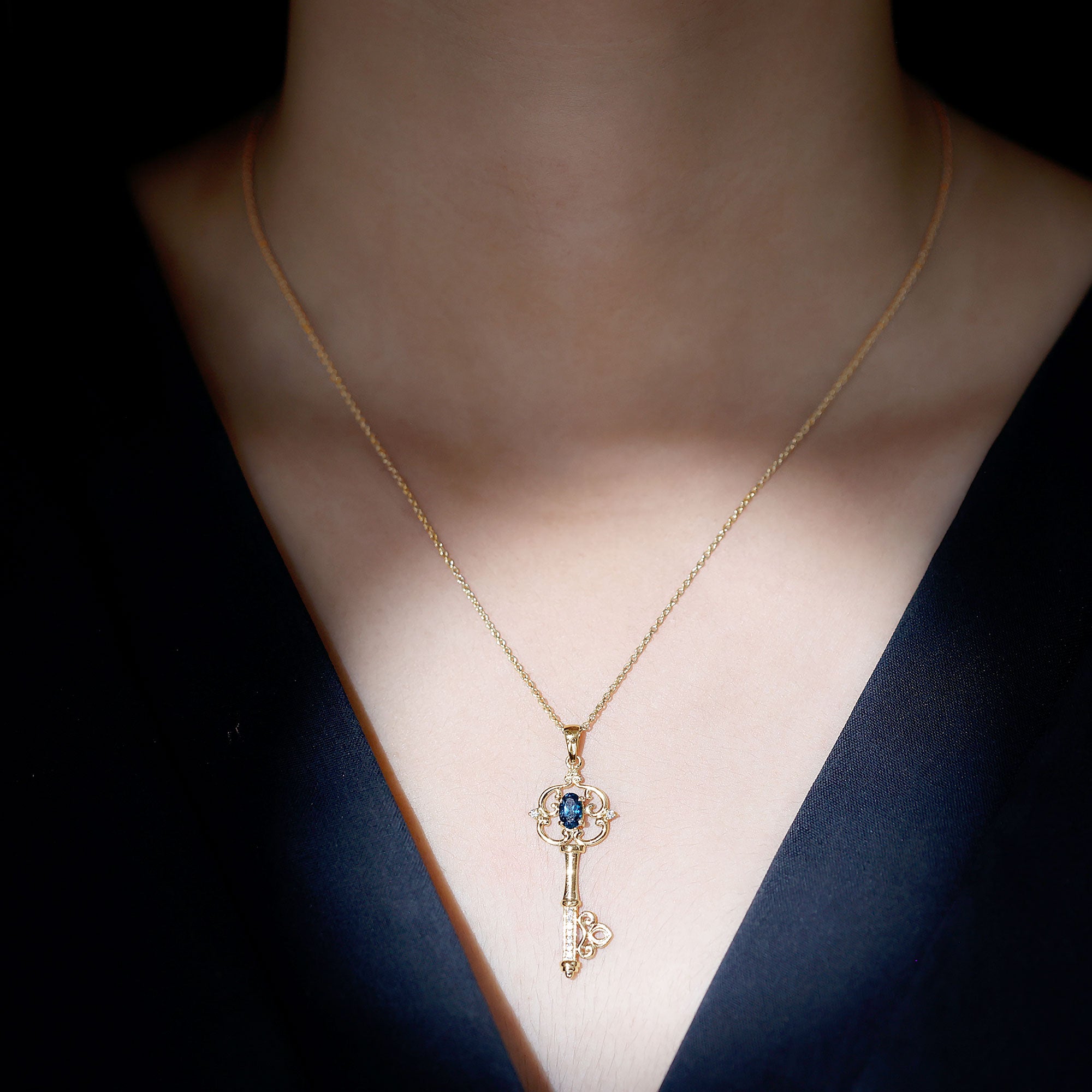 London Blue Topaz and Diamond Vintage Key Necklace AAA - Rosec Jewels