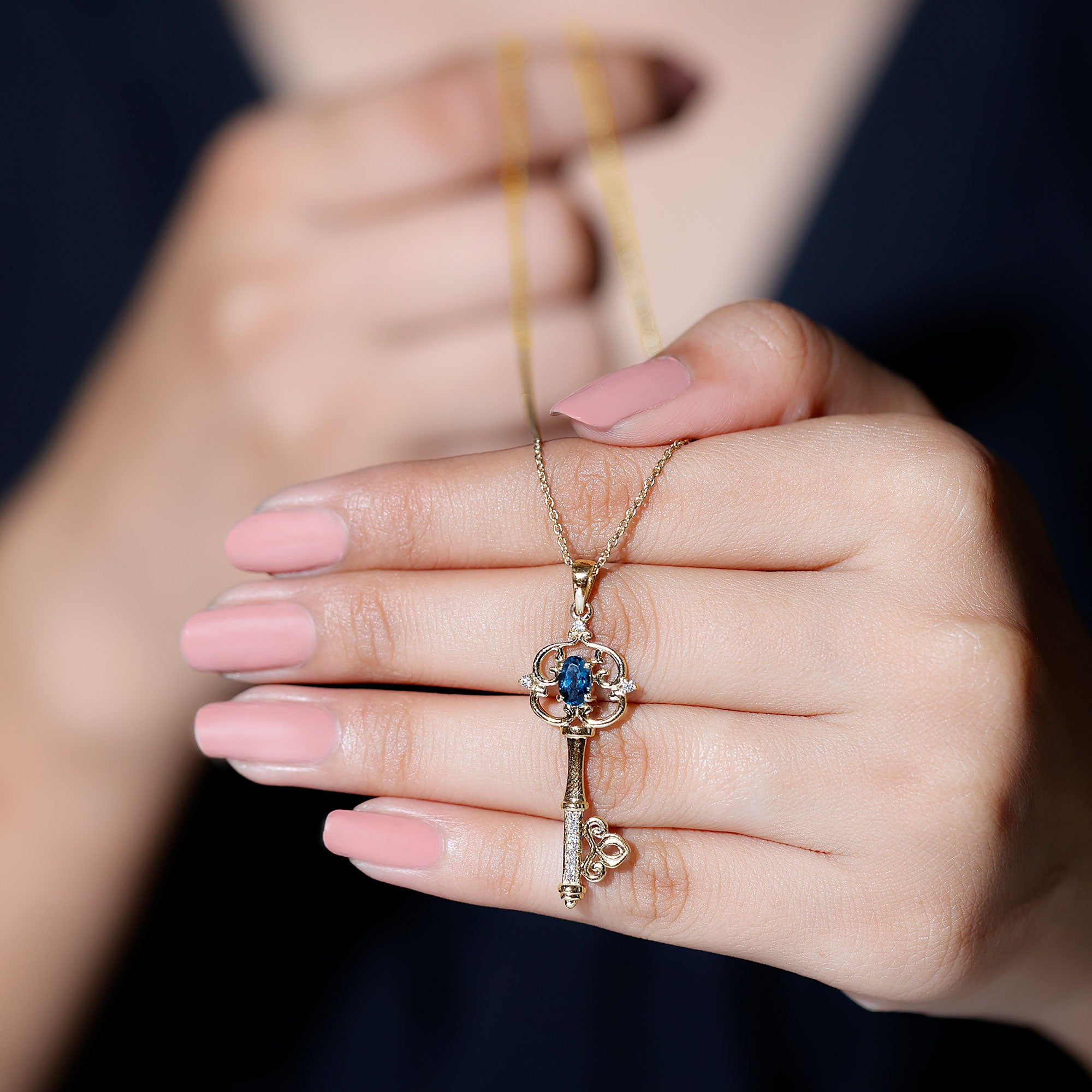 London Blue Topaz and Diamond Vintage Key Necklace AAA - Rosec Jewels