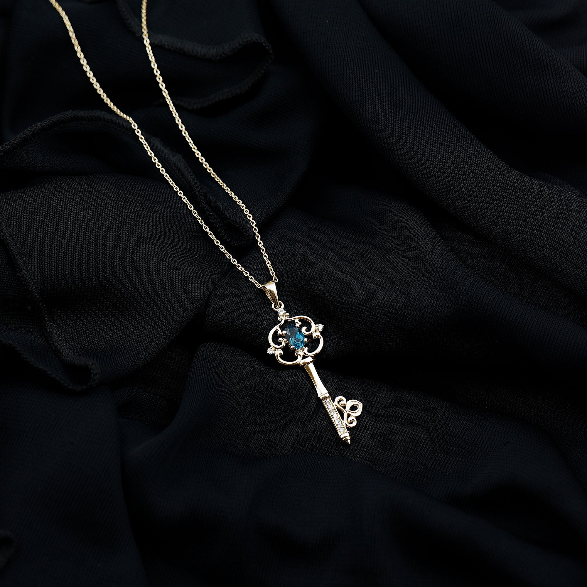 London Blue Topaz and Diamond Vintage Key Necklace AAA - Rosec Jewels