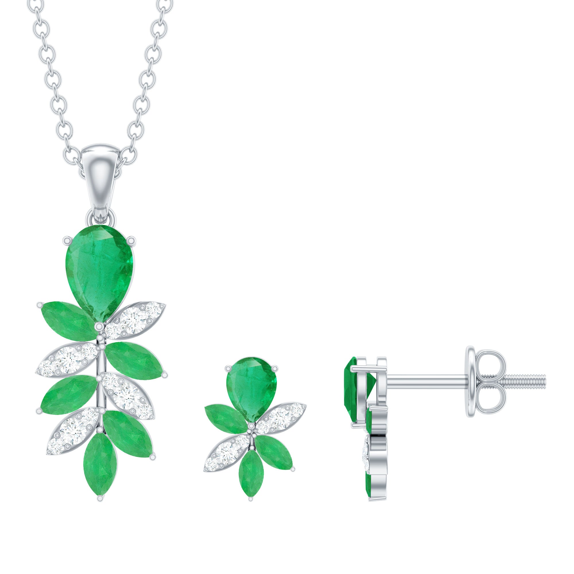 Nature Inspired Emerald and Diamond Dangle jewelry Set