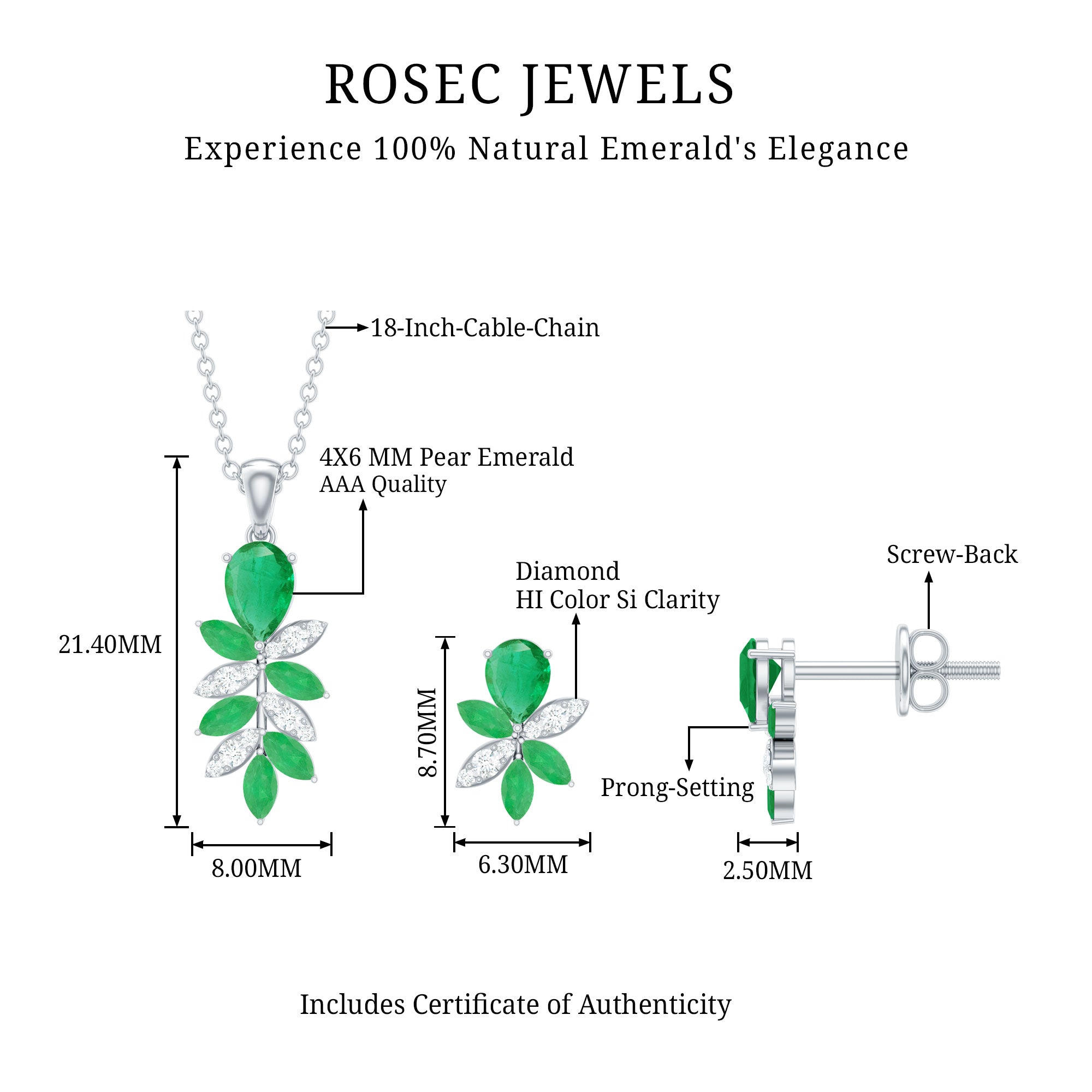 Nature Inspired Emerald and Diamond Dangle jewelry Set AAA - Rosec Jewels