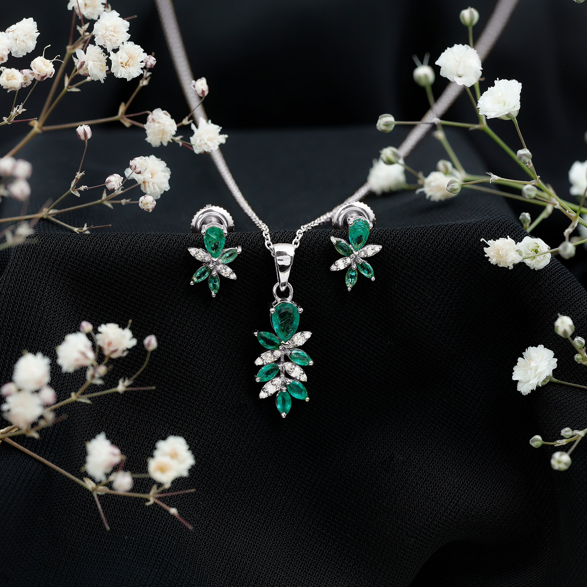 Nature Inspired Emerald and Diamond Dangle jewelry Set AAA - Rosec Jewels