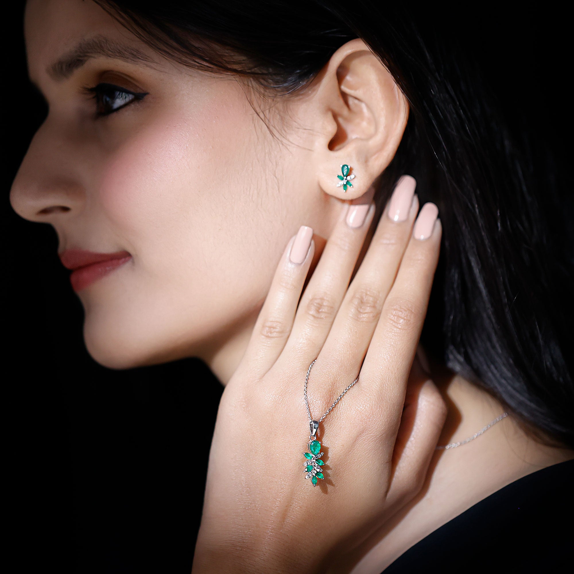 Nature Inspired Emerald and Diamond Dangle jewelry Set AAA - Rosec Jewels