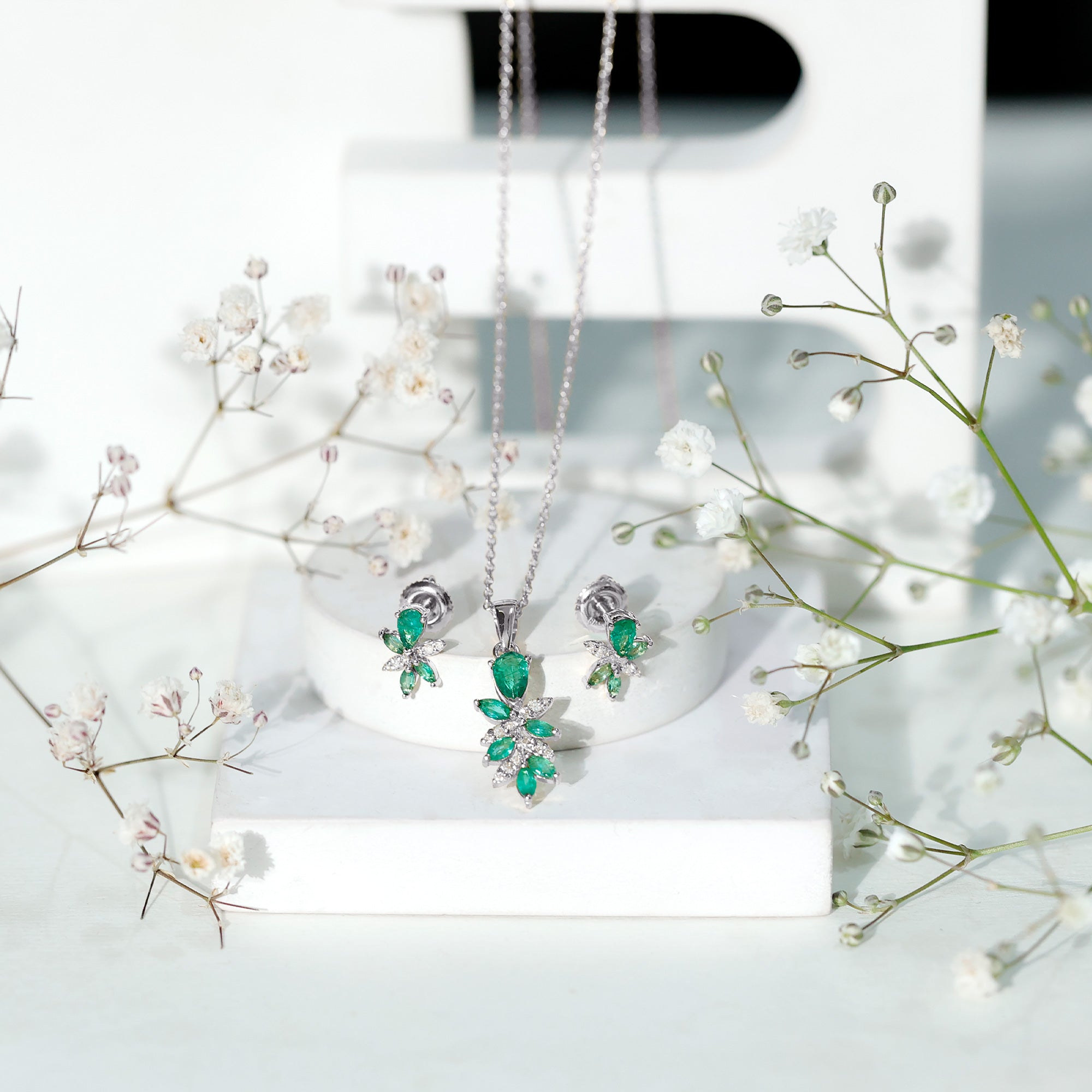 Nature Inspired Emerald and Diamond Dangle jewelry Set AAA - Rosec Jewels