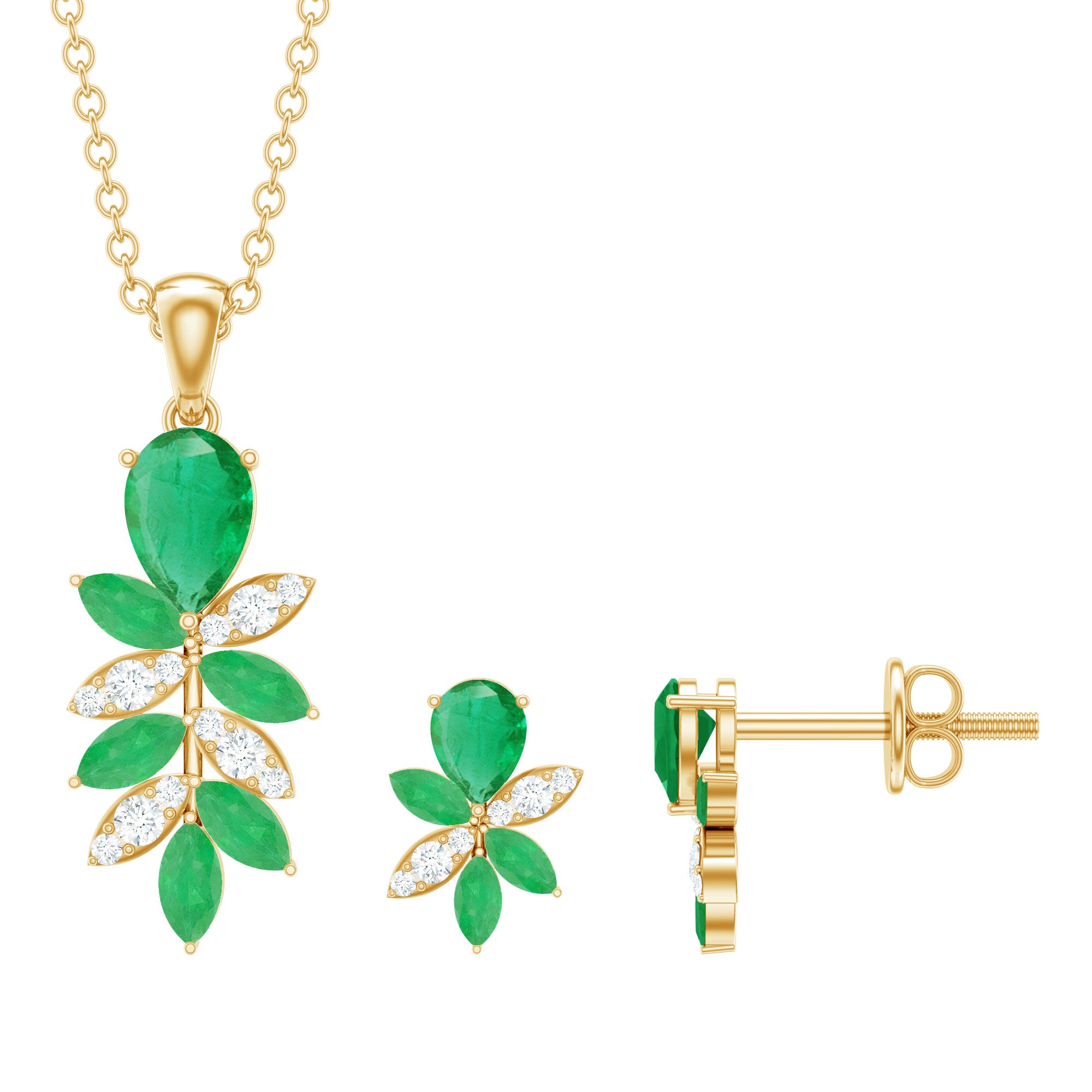 Nature Inspired Emerald and Diamond Dangle jewelry Set AAA - Rosec Jewels