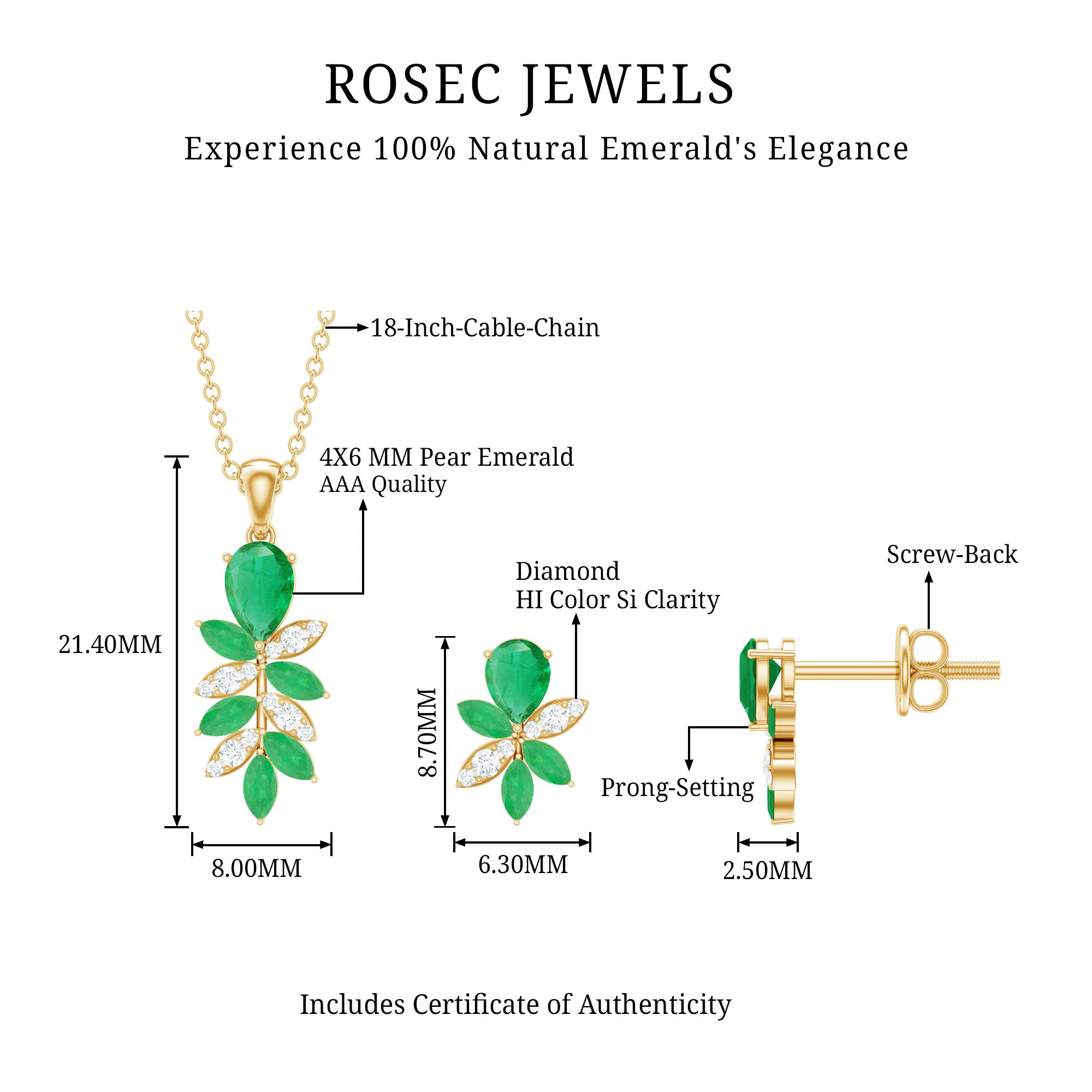 Nature Inspired Emerald and Diamond Dangle jewelry Set AAA - Rosec Jewels