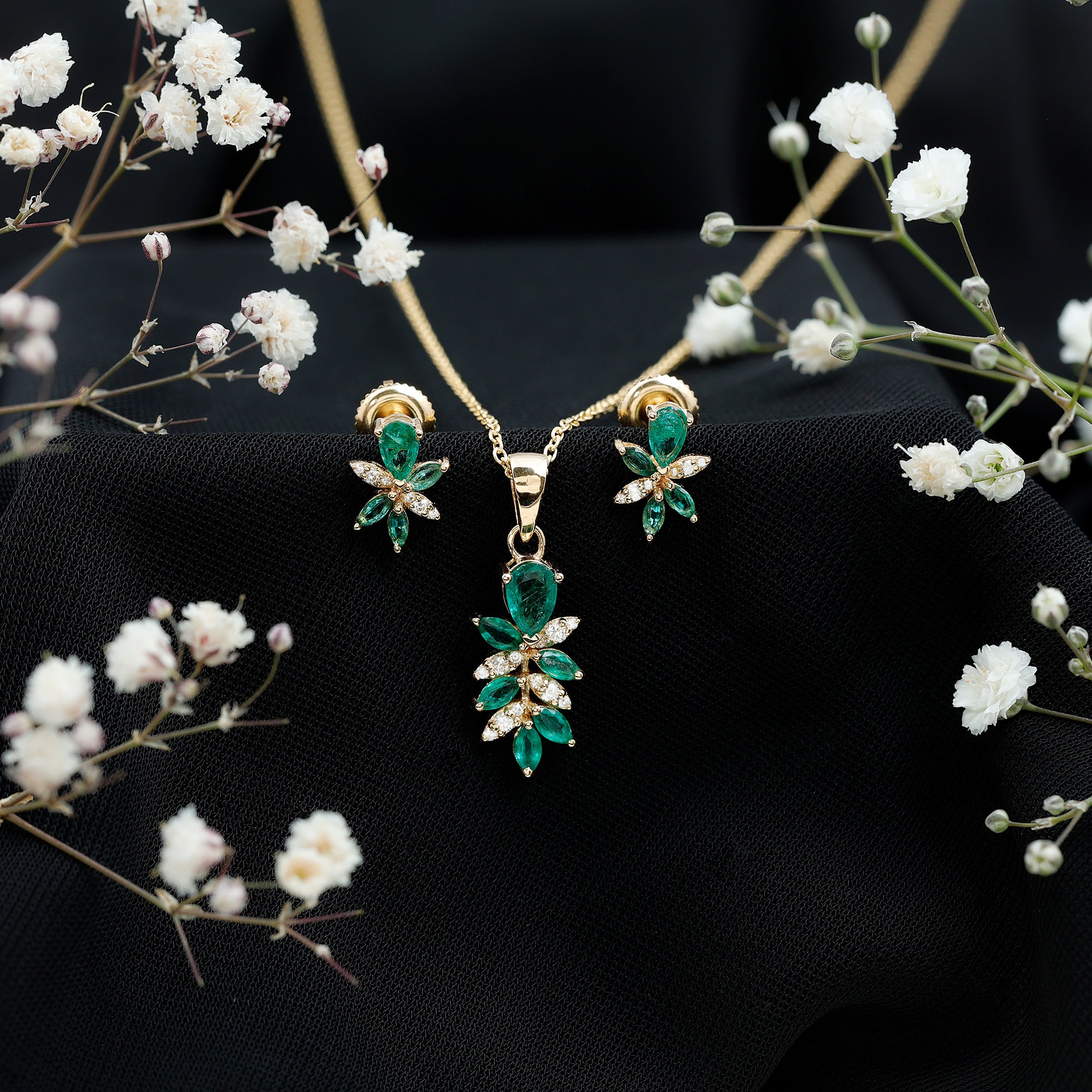 Nature Inspired Emerald and Diamond Dangle jewelry Set AAA - Rosec Jewels
