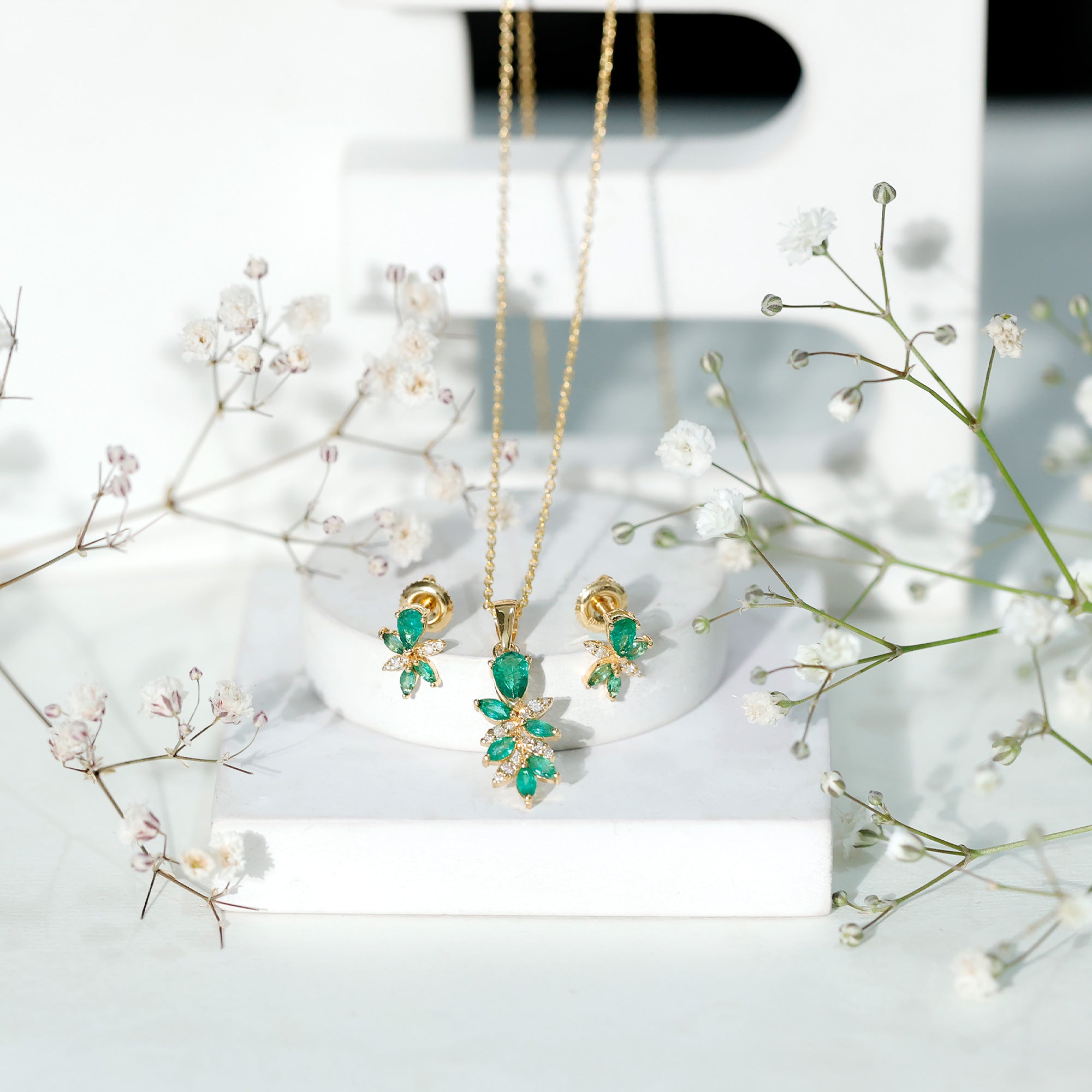 Nature Inspired Emerald and Diamond Dangle jewelry Set AAA - Rosec Jewels