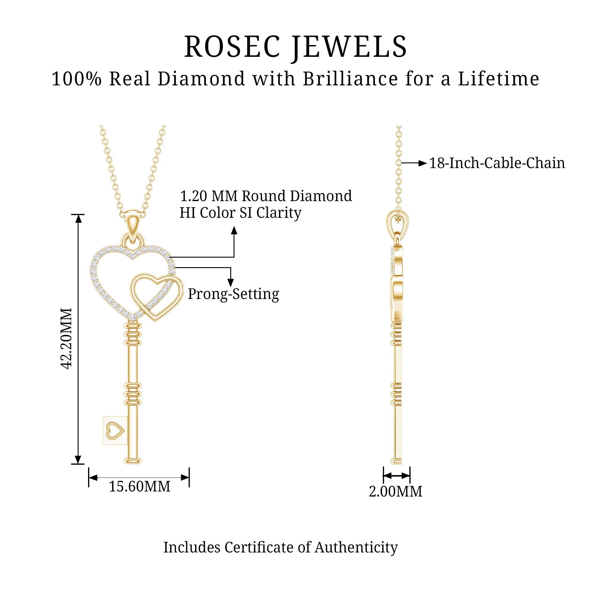 Diamond Key To My Heart Necklace for Women Natural - ( HI-SI ) - Rosec Jewels