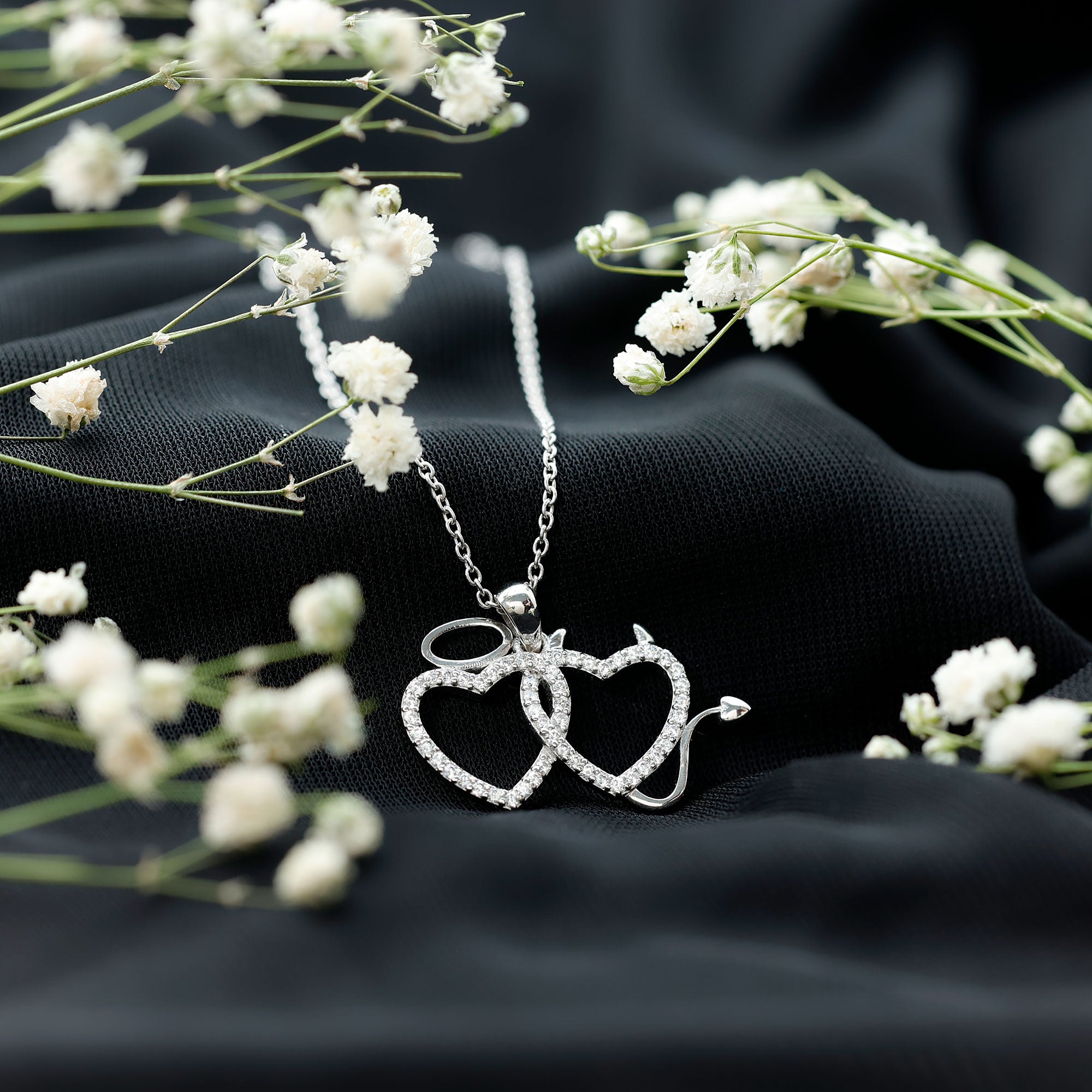Certified Zircon Angle and Devil Twin Heart Necklace AAAA - Rosec Jewels