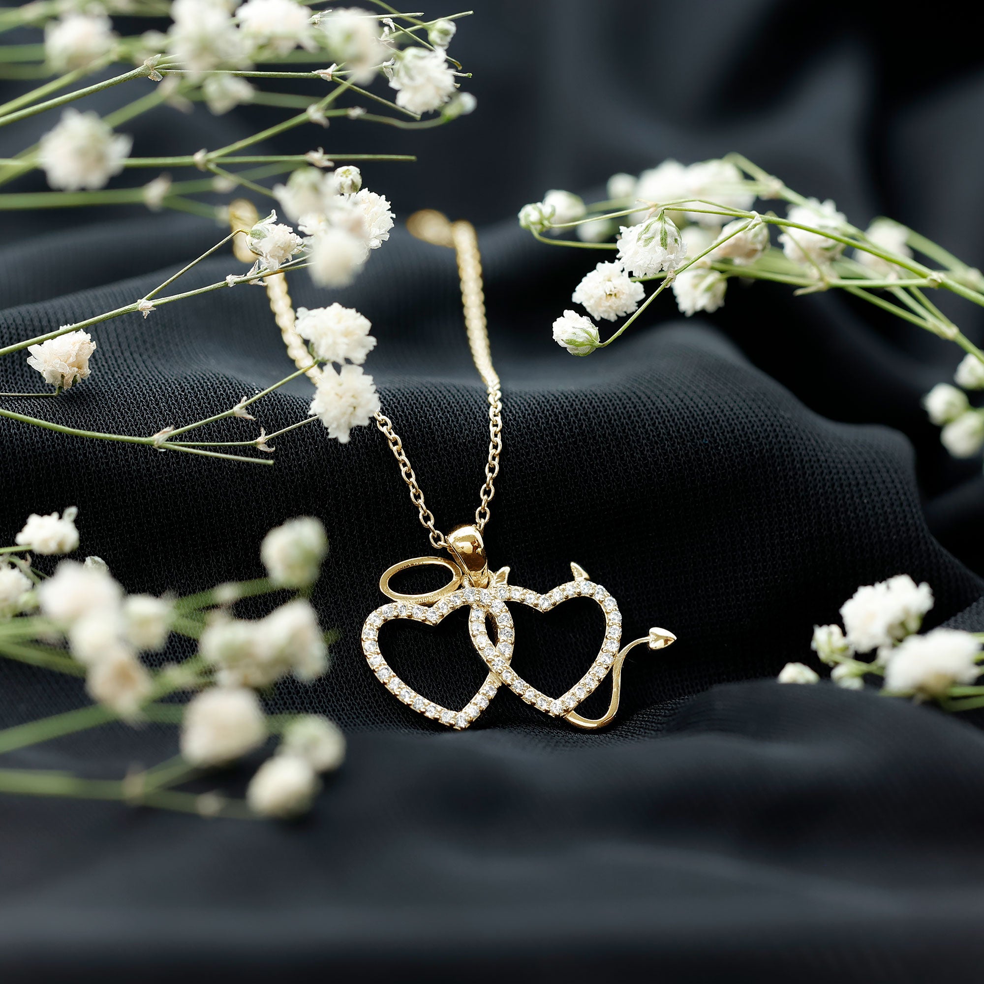 Certified Zircon Angle and Devil Twin Heart Necklace AAAA - Rosec Jewels