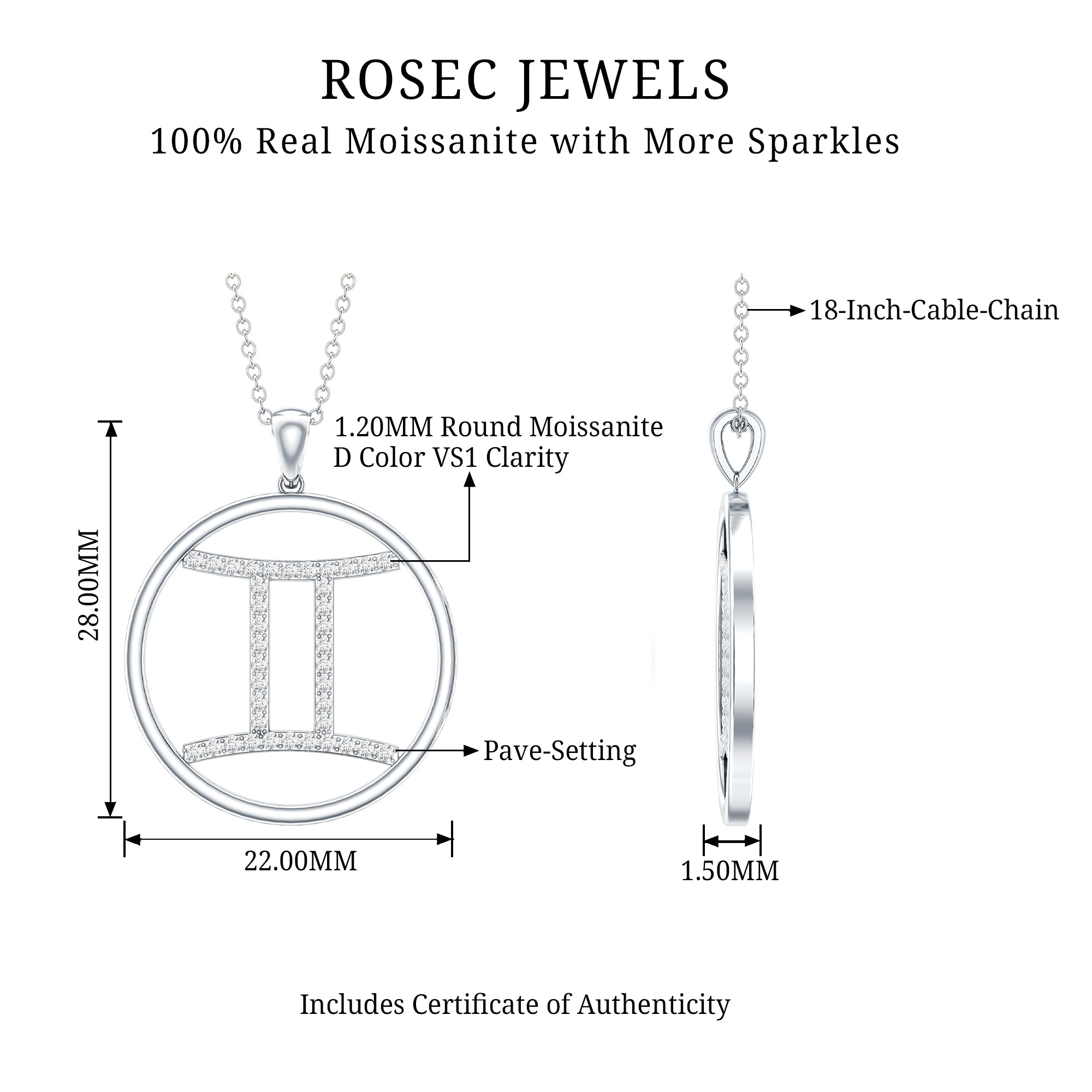 Certified Moissanite Gemini Zodiac Sign Pendant Necklace D-VS1 - Rosec Jewels