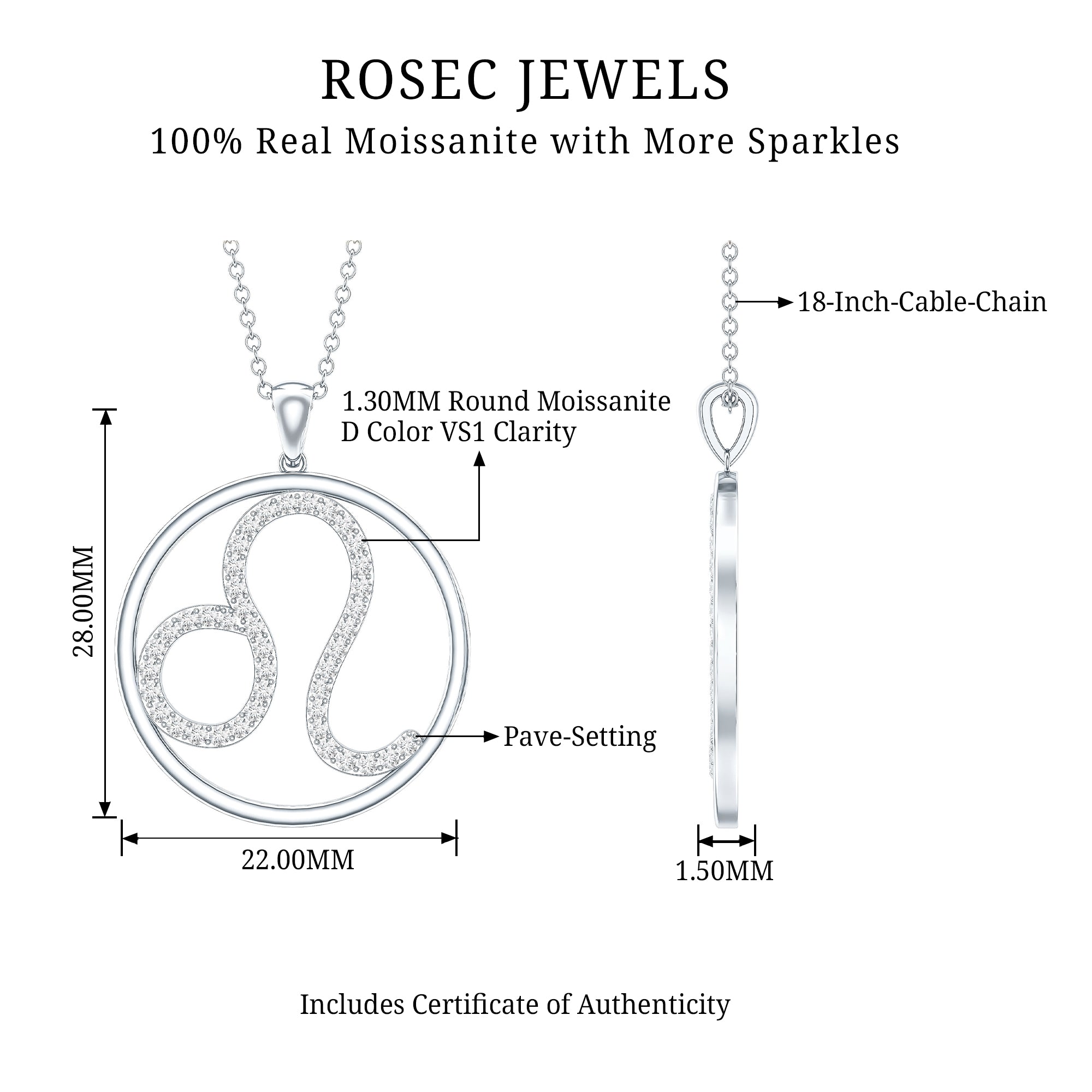 Certified Moissanite Leo Zodiac Sign Necklace D-VS1 - Rosec Jewels