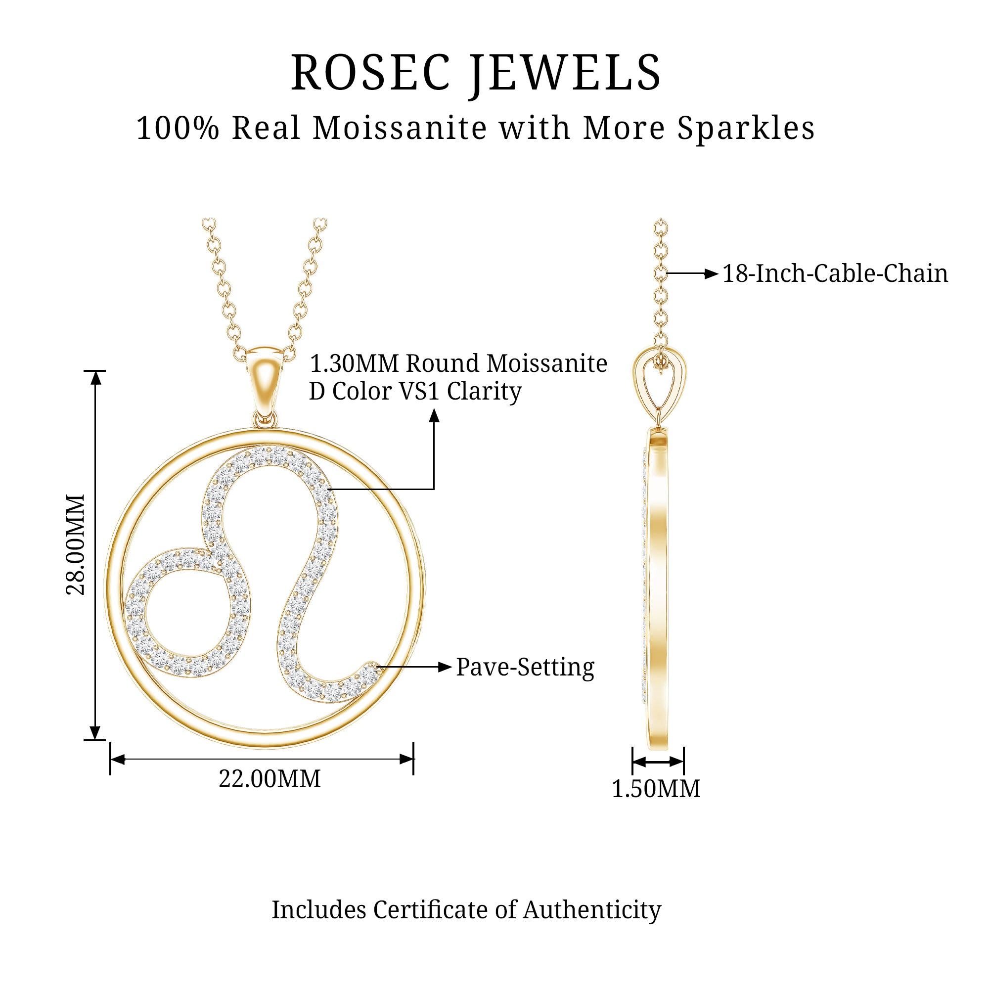 Certified Moissanite Leo Zodiac Sign Necklace D-VS1 - Rosec Jewels