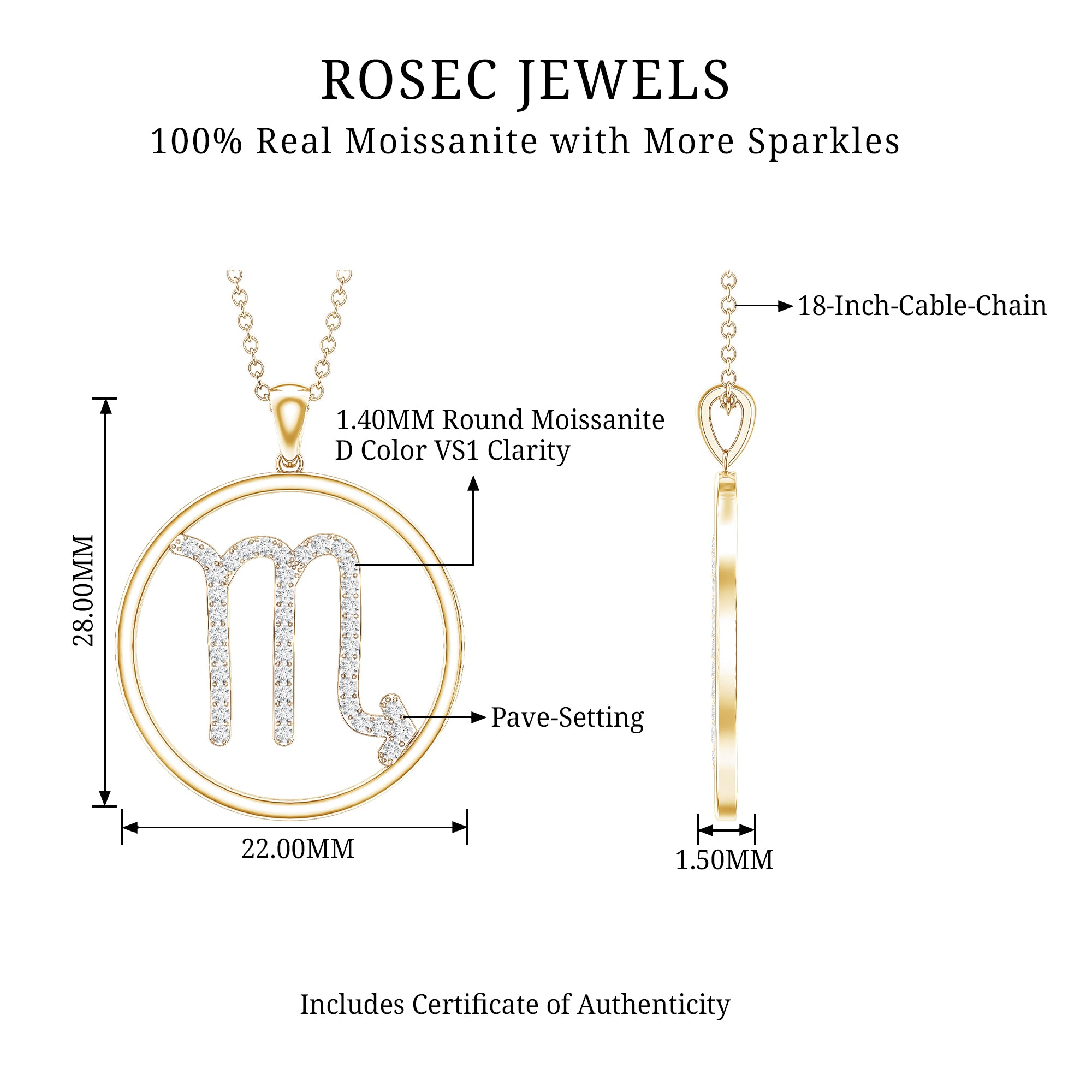 Certified Moissanite Scorpio Zodiac Pendant Necklace D-VS1 - Rosec Jewels