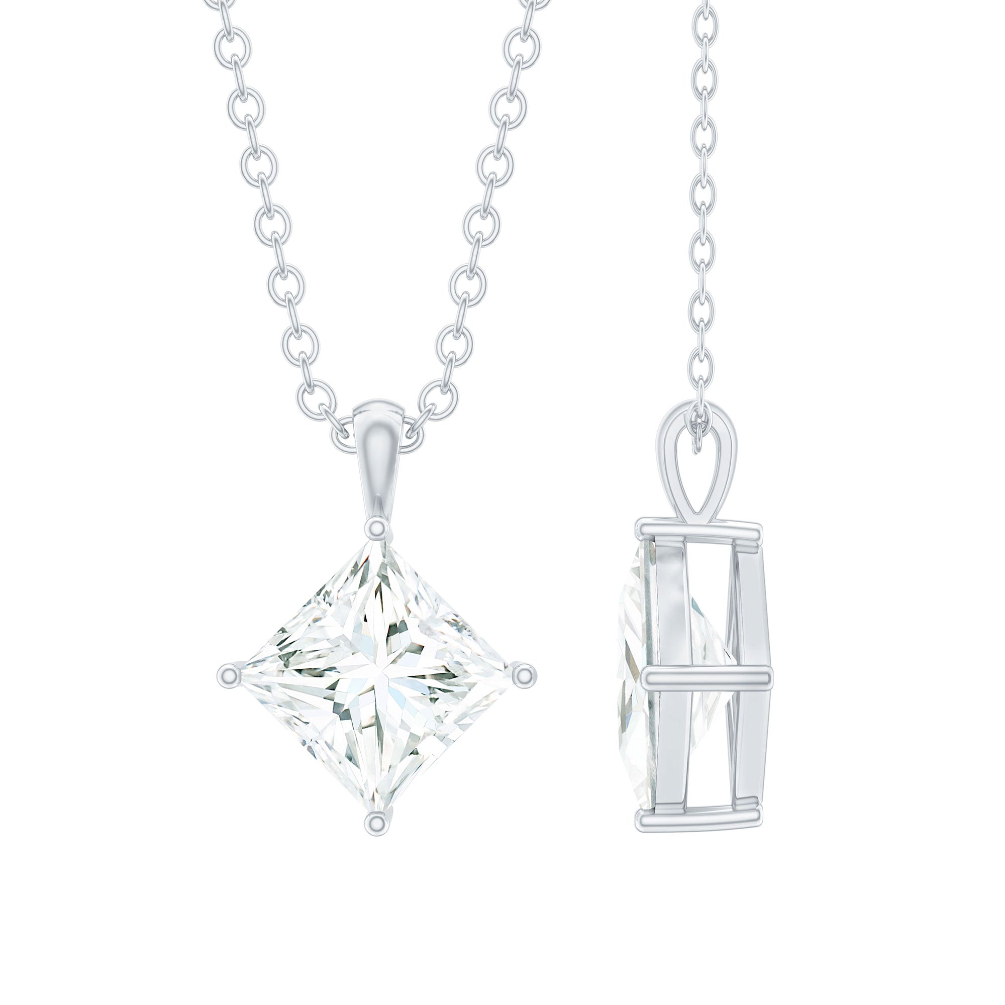 Diagonal Set 8 MM Zircon Princess Cut Solitaire Pendant With Chain