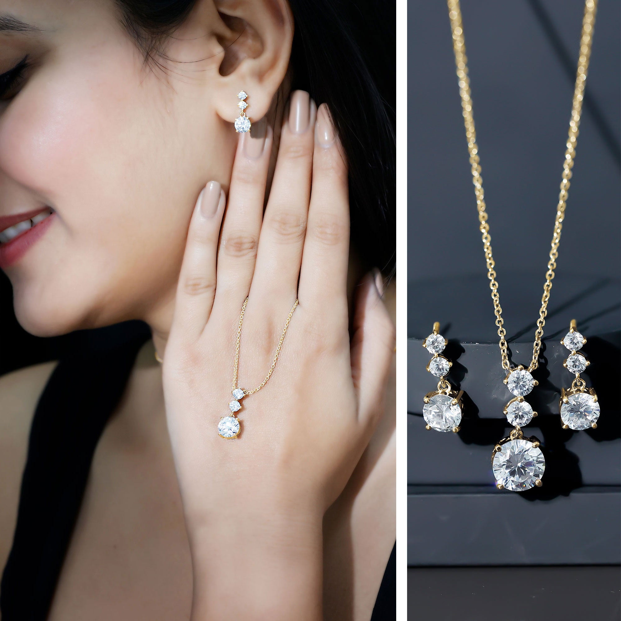 Cubic Zirconia Dangle Necklace and Earrings Set For Bride AAAAA - Rosec Jewels