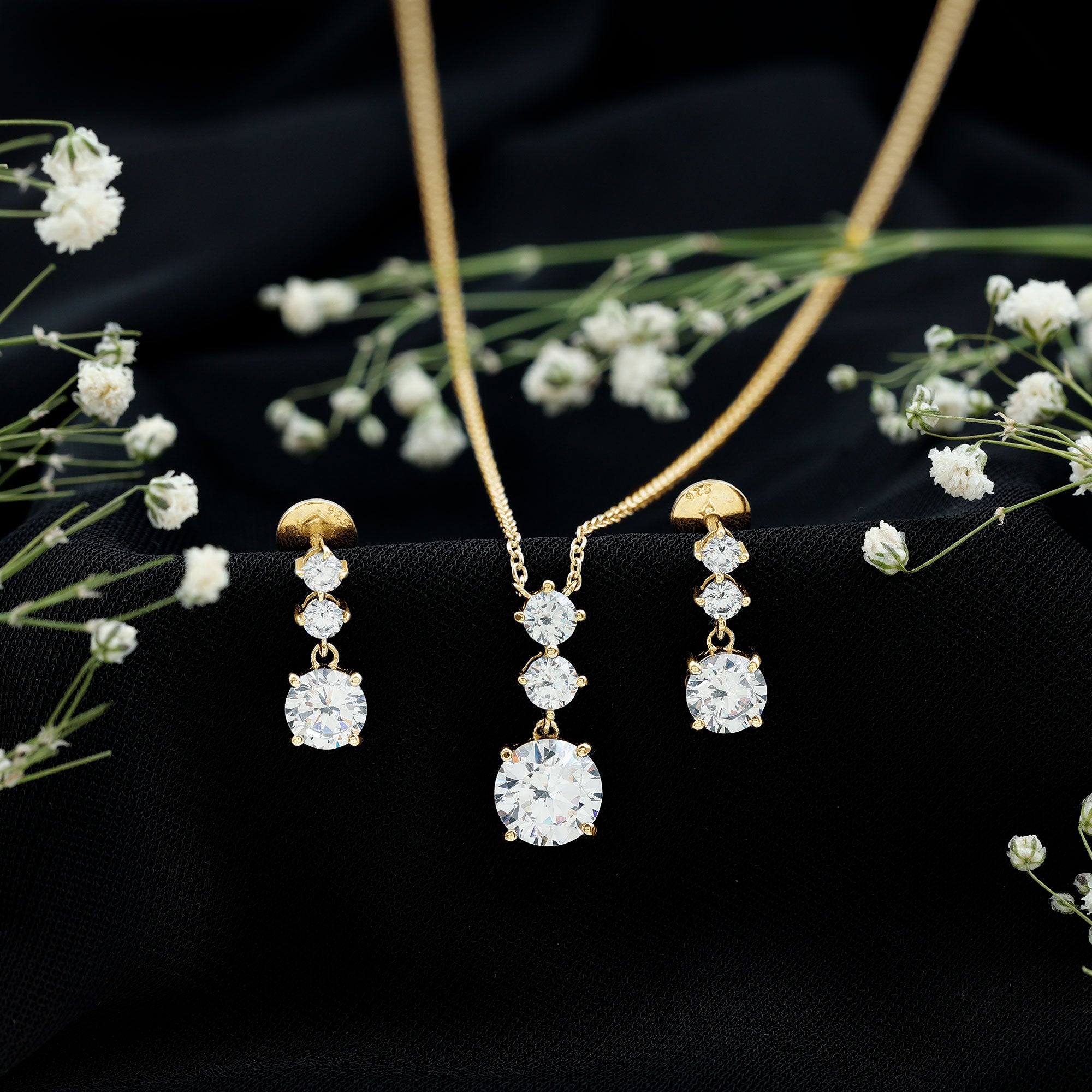 Cubic Zirconia Dangle Necklace and Earrings Set For Bride AAAAA - Rosec Jewels