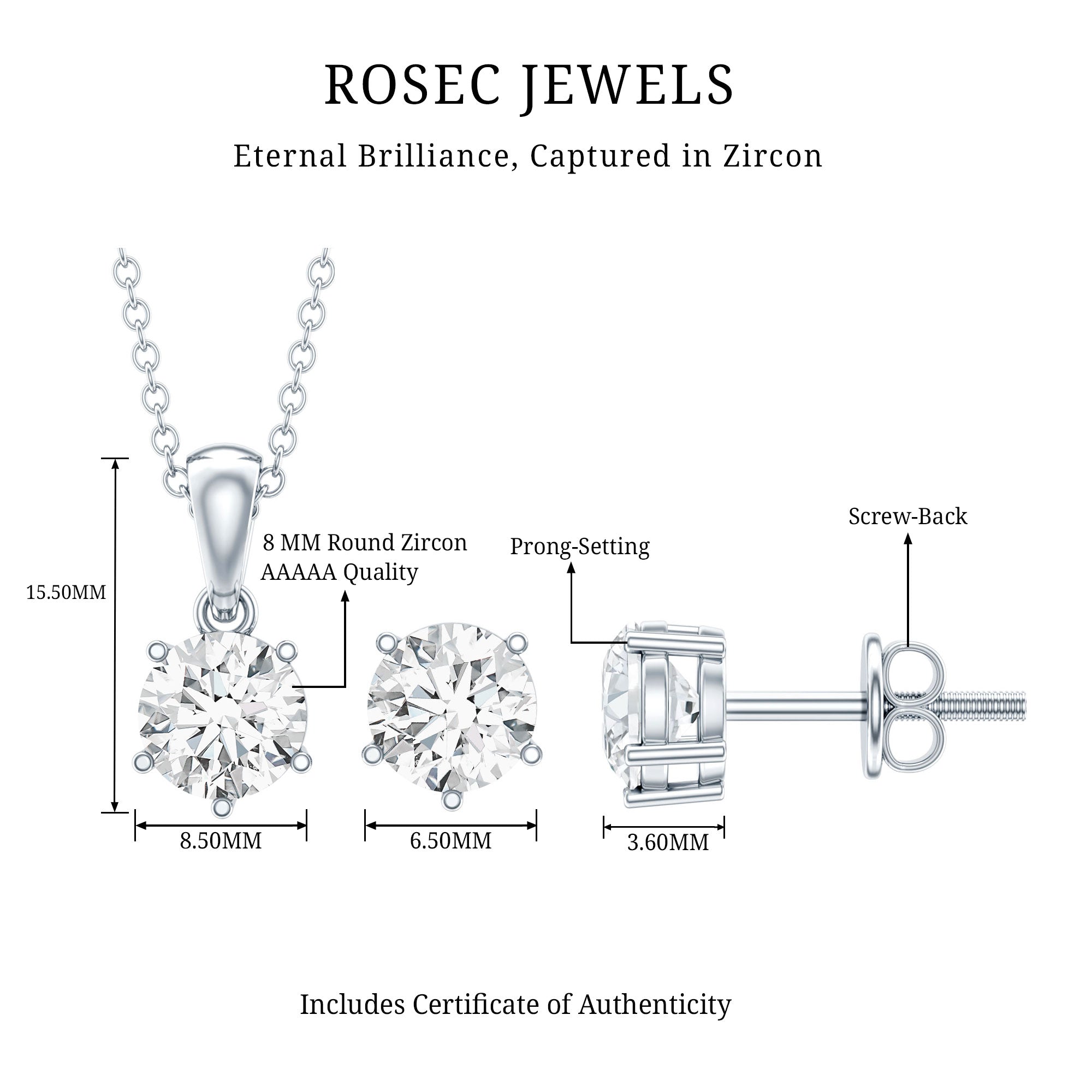 2 CT Zircon Solitaire Pendant and Earrings Set AAAAA - Rosec Jewels
