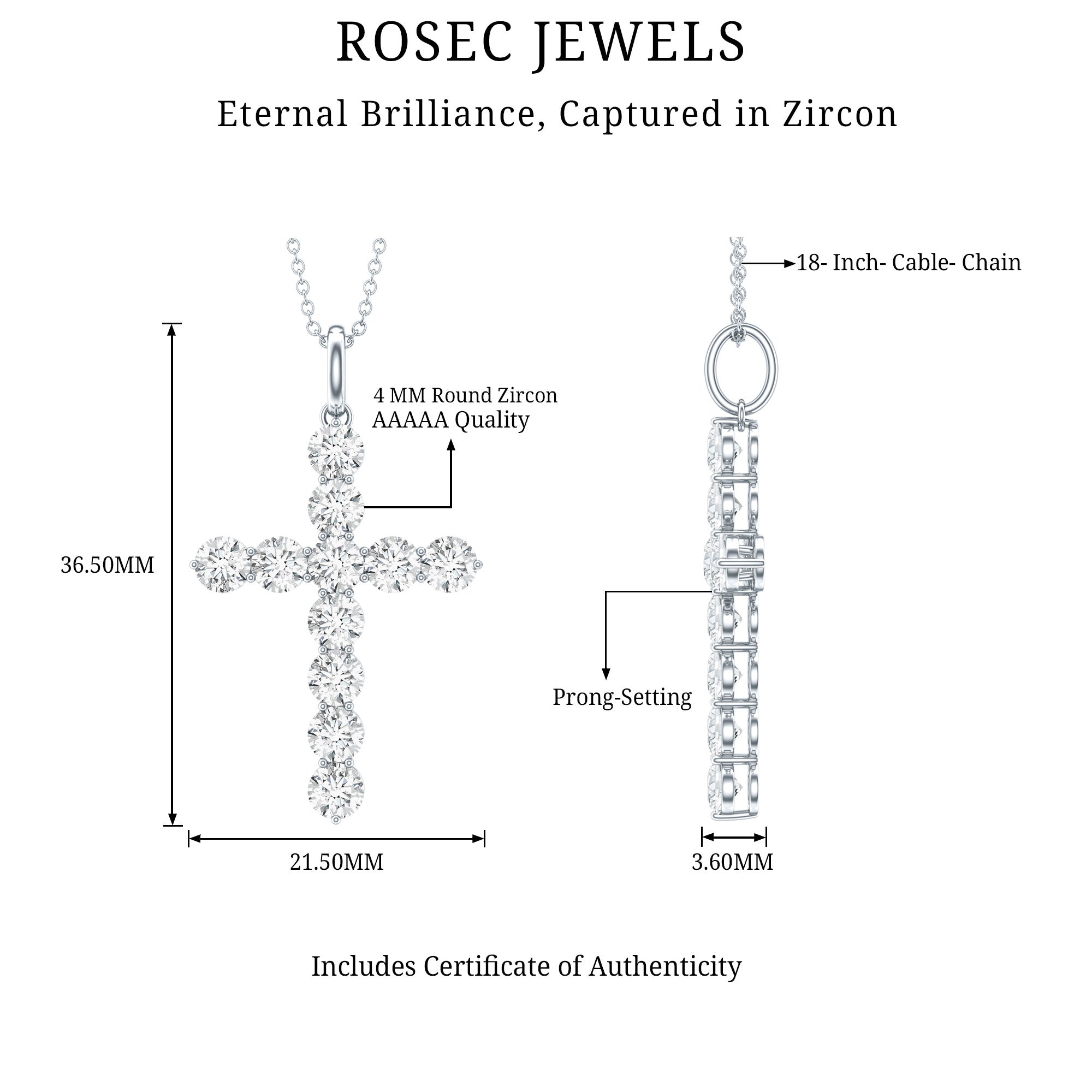 Certified Zircon Simple Cross Pendant Necklace AAAAA - Rosec Jewels