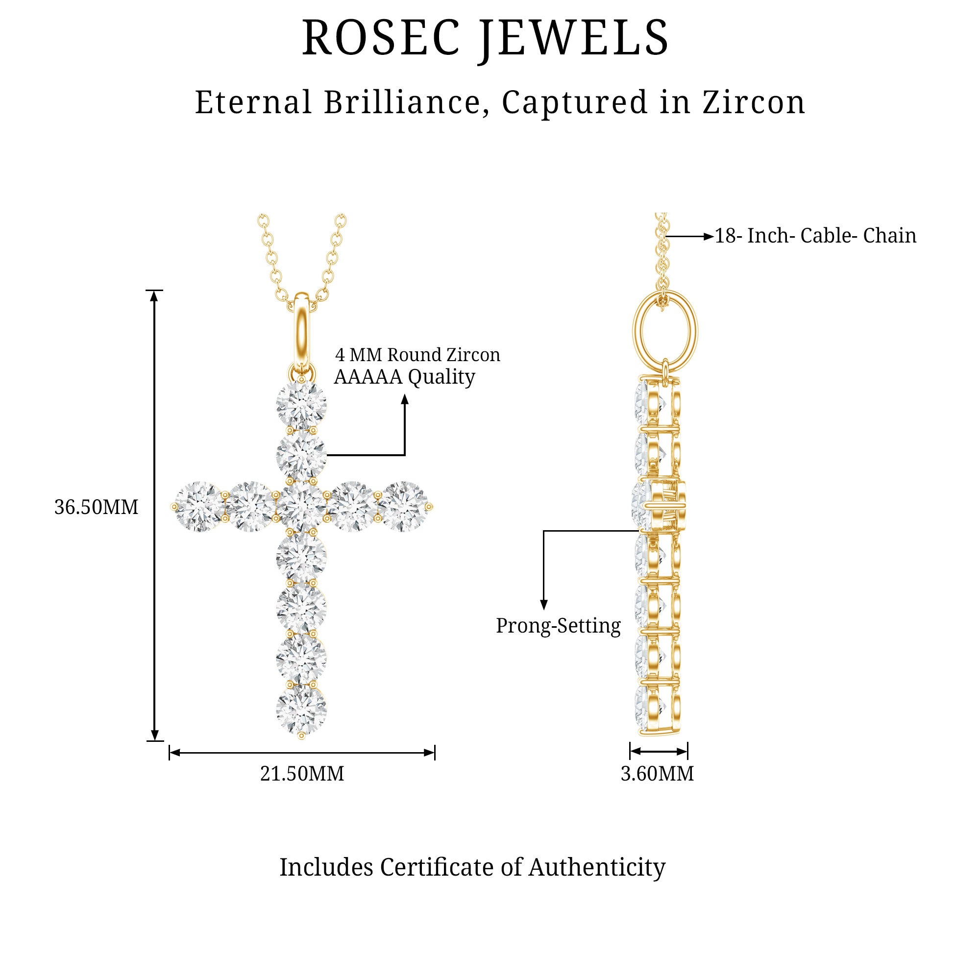 Certified Zircon Simple Cross Pendant Necklace AAAAA - Rosec Jewels