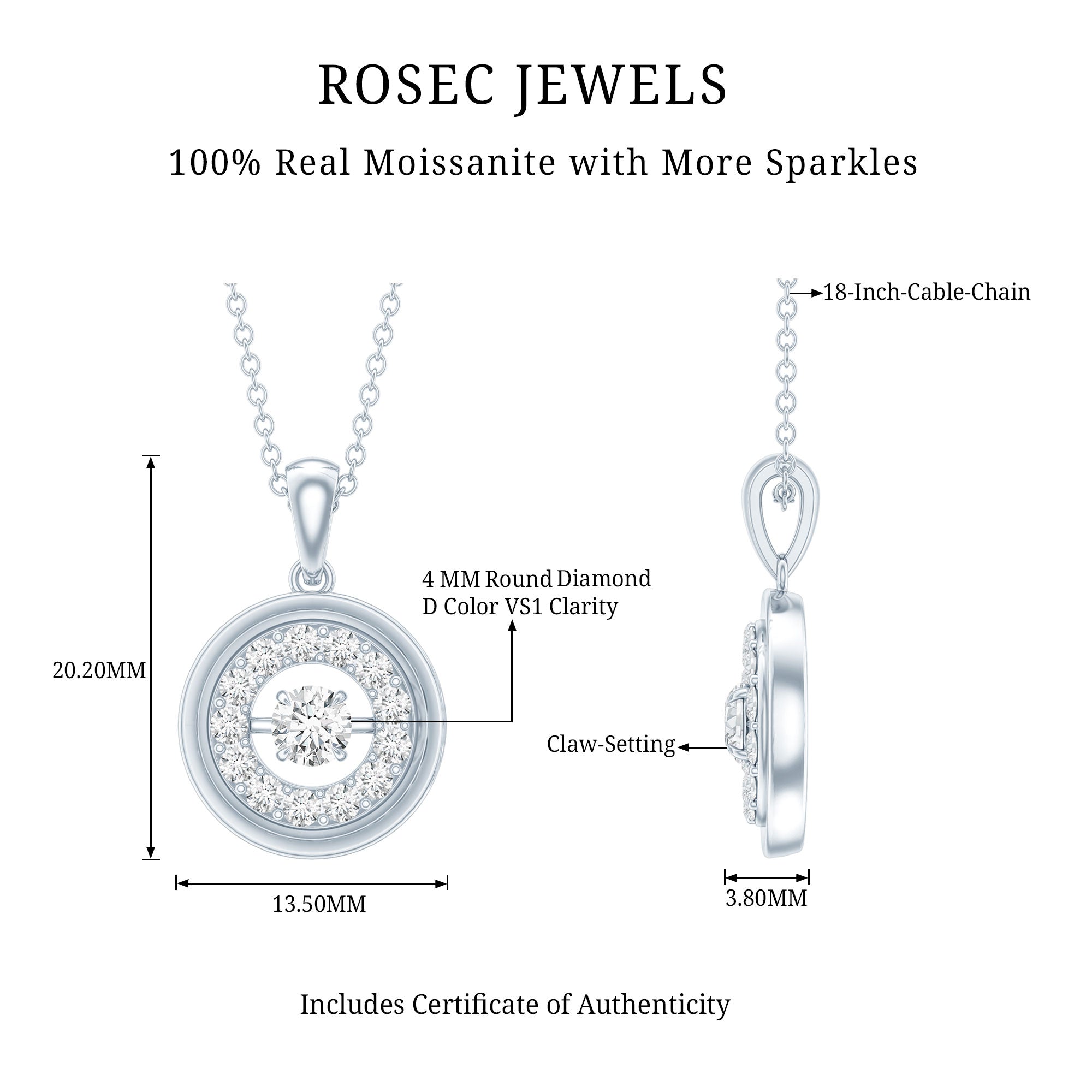 Certified Moissanite Classic Halo Pendant D-VS1 - Rosec Jewels