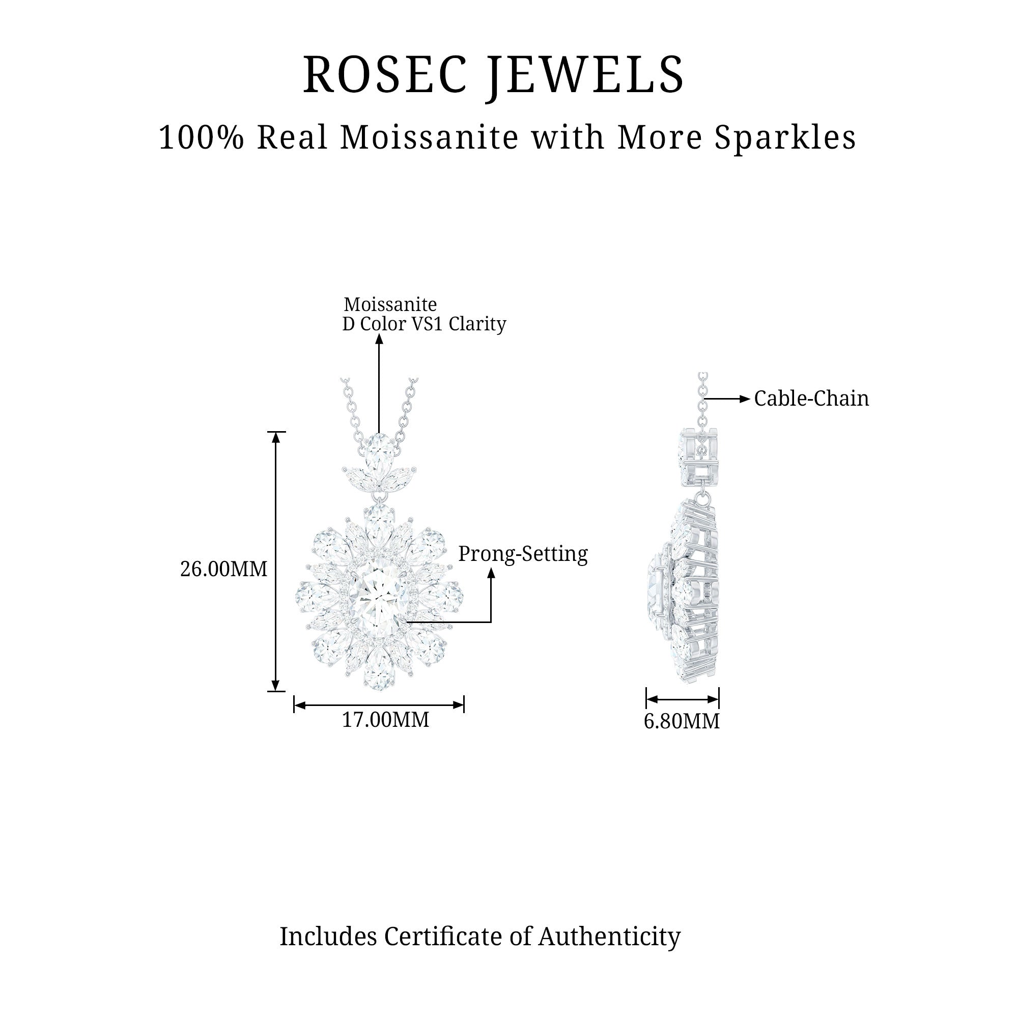 Certified Oval Moissanite Bridal Pendant Necklace D-VS1 - Rosec Jewels