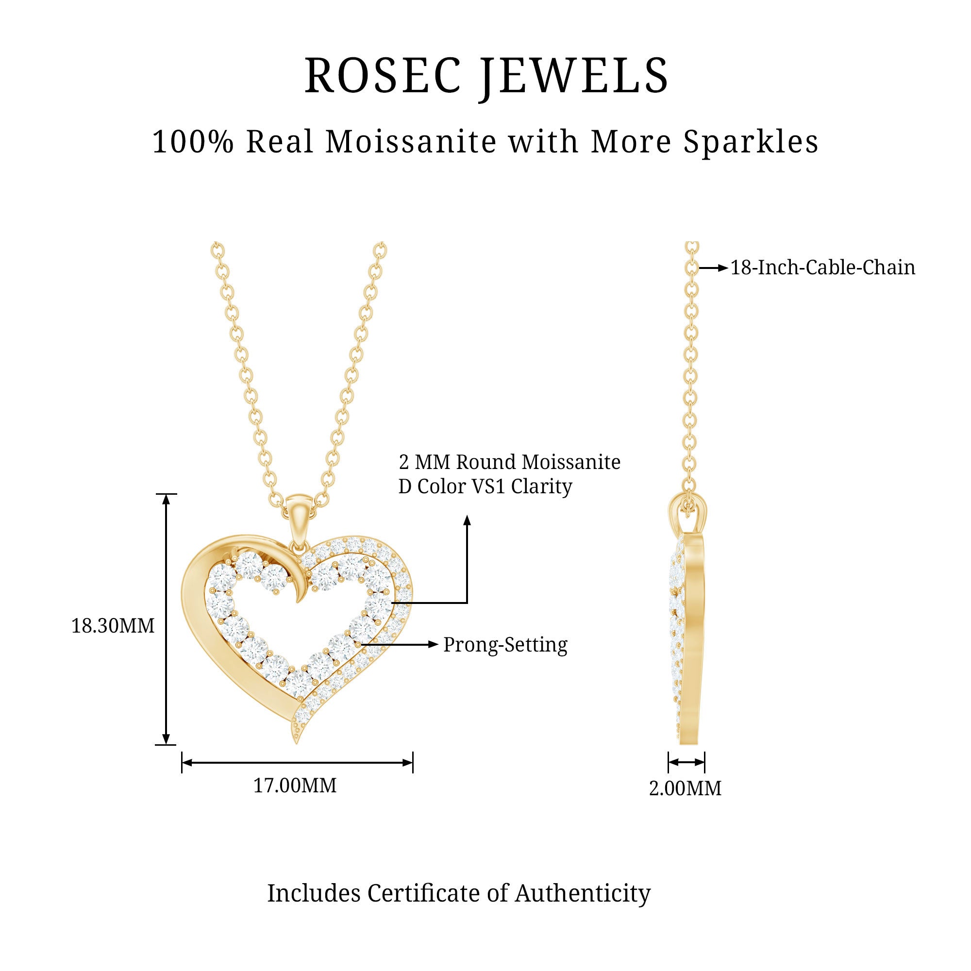 1 Carat Certified Moissanite Open Heart Pendant D-VS1 - Rosec Jewels