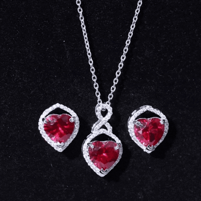 6 Carat Heart Shape Lab Created Ruby Pendant and Earrings Set AAAA - Rosec Jewels