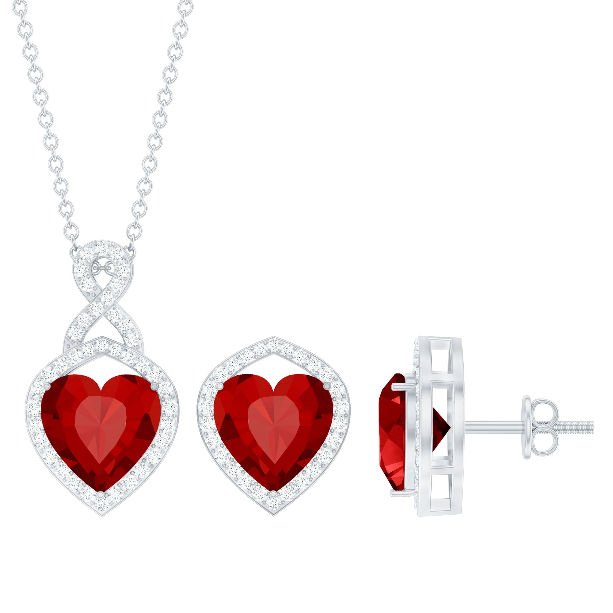 6 Carat Heart Shape Lab Created Ruby Pendant and Earrings Set AAAA - Rosec Jewels